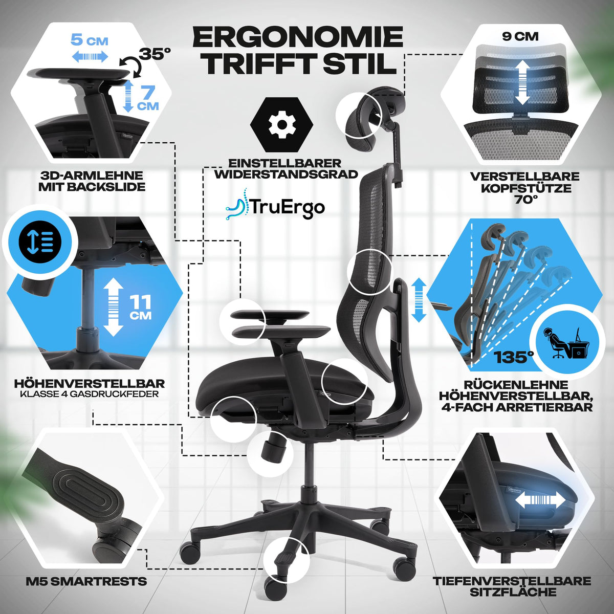 M2 Ergonomic Office Chair, Test Winner with Adjustable Armrest without Headrest for Maximum Freedom of Movement, Back-Friendly, Comfortable Desk Chair for Office and Home Office Chair