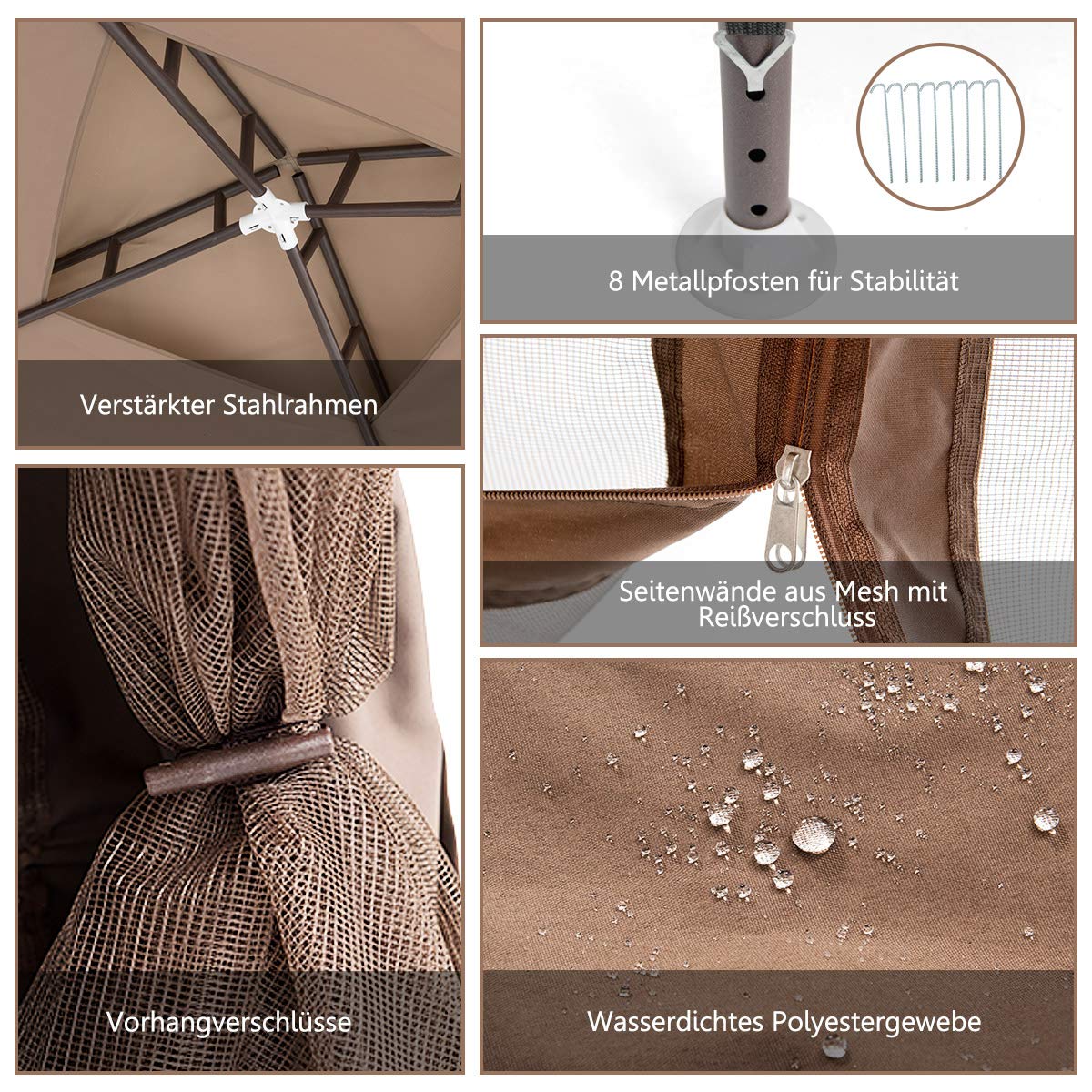 RELAX4LIFE 3 x 3 m Gazebo, Garden Gazebo with Iron Frame & Mosquito Net, Garden Tent with 4 Side Walls & Double Roof, Waterproof & Sunproof Party Tent for Party Camping (Brown)