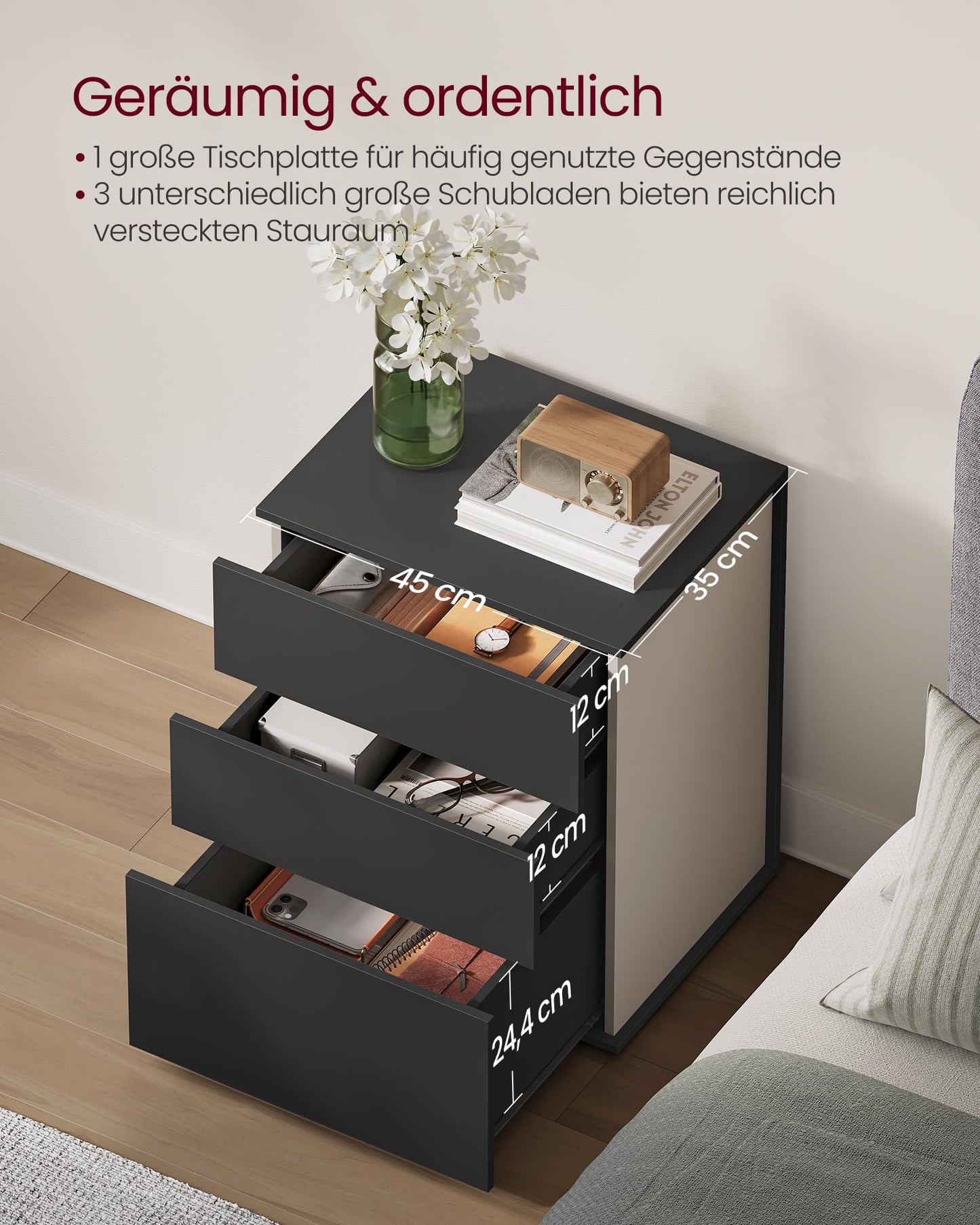 VASAGLE Bedside Table Set of 2, Toolless Technology, Super Fast Tool-Free Assembly, Side Table 3 Drawers, Bedside Cabinet, Bedroom, Living Room, Ink Black/Cappuccino Beige LET779B01