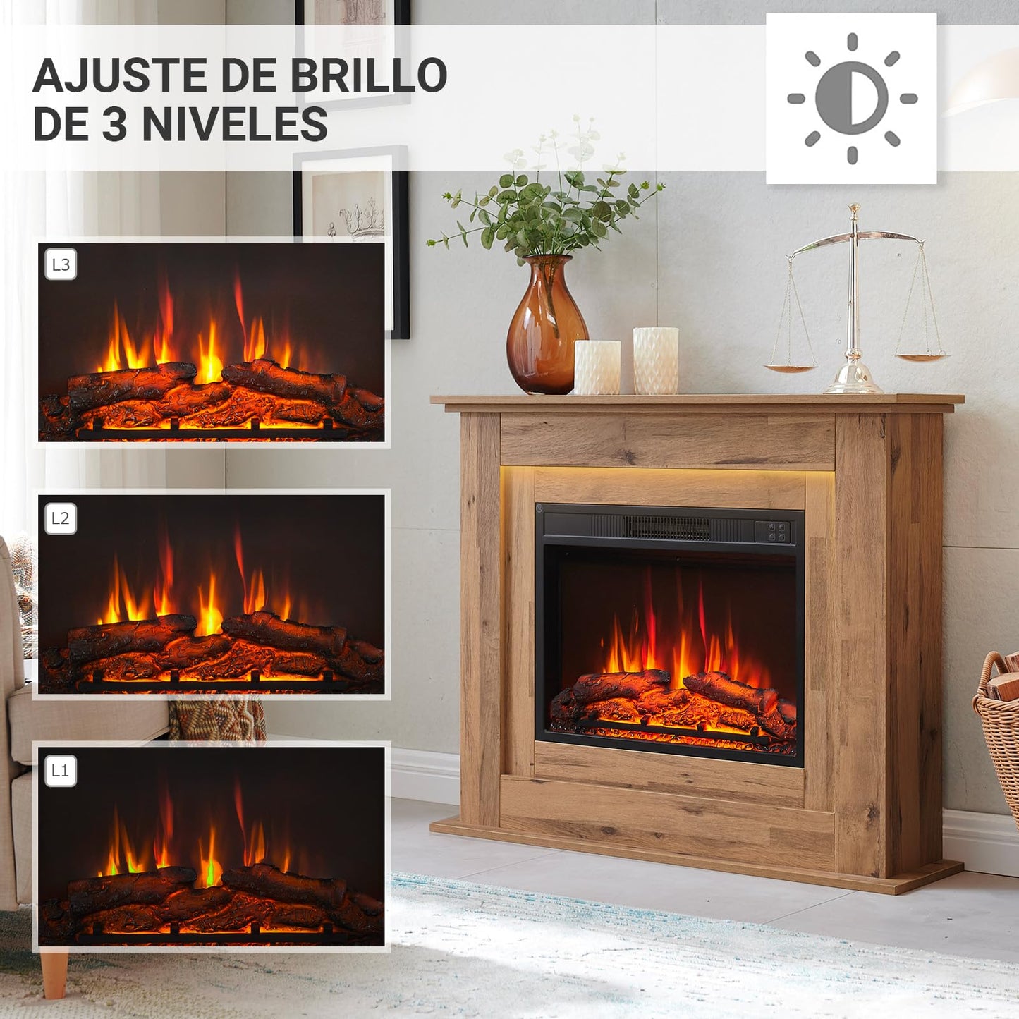 BALDERIA Finn Electric Fireplace, Electric Standing Fireplace, 3D Flame Effect, LED Ambient Lighting, Heating 2000 W, Timer, Thermostat, Start Control, Open Window Battery, Remote Control, Dark Oak