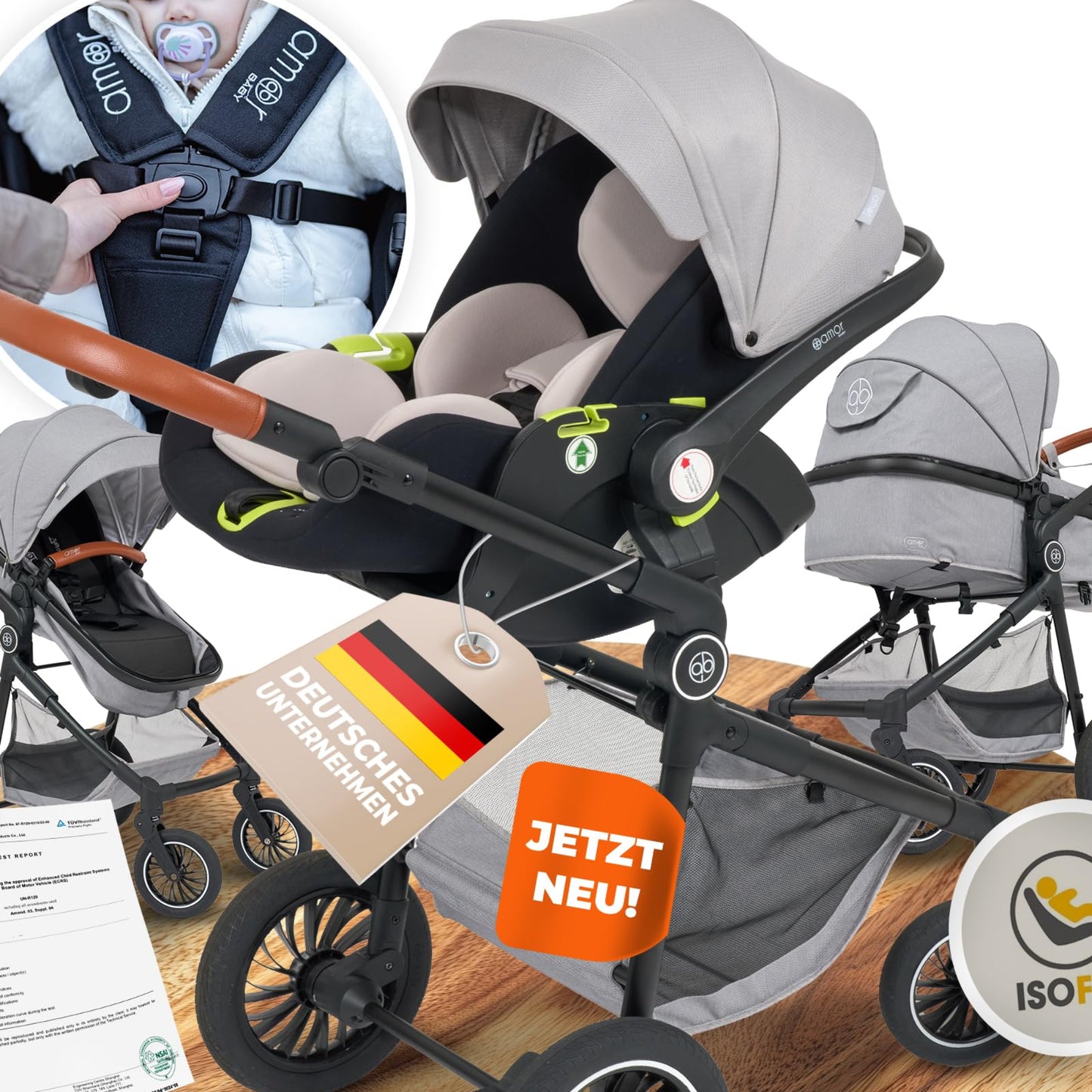 3-in-1 Pushchair and Car Seat with Baby Seat Chassis Combination Set | Stroller Baby | Isofix Station & 5-Point Safety Belt Pram Buggy Travel Buggy | Baby Pram