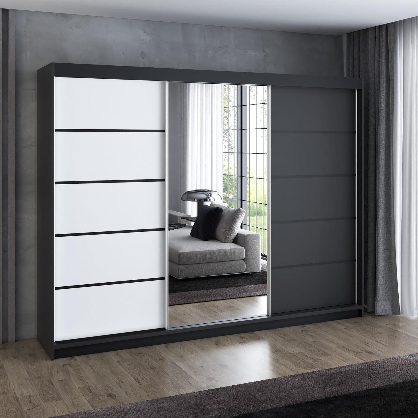A&J MöbelLand Schwebetürenschrank VILANO 2, 3-türig Schrank 200 cm Kleiderschrank mit 4 Schubladen, und Spiegel (Weiß, Schwarz, Somona) (Schwarz/schwarz/schwarz)