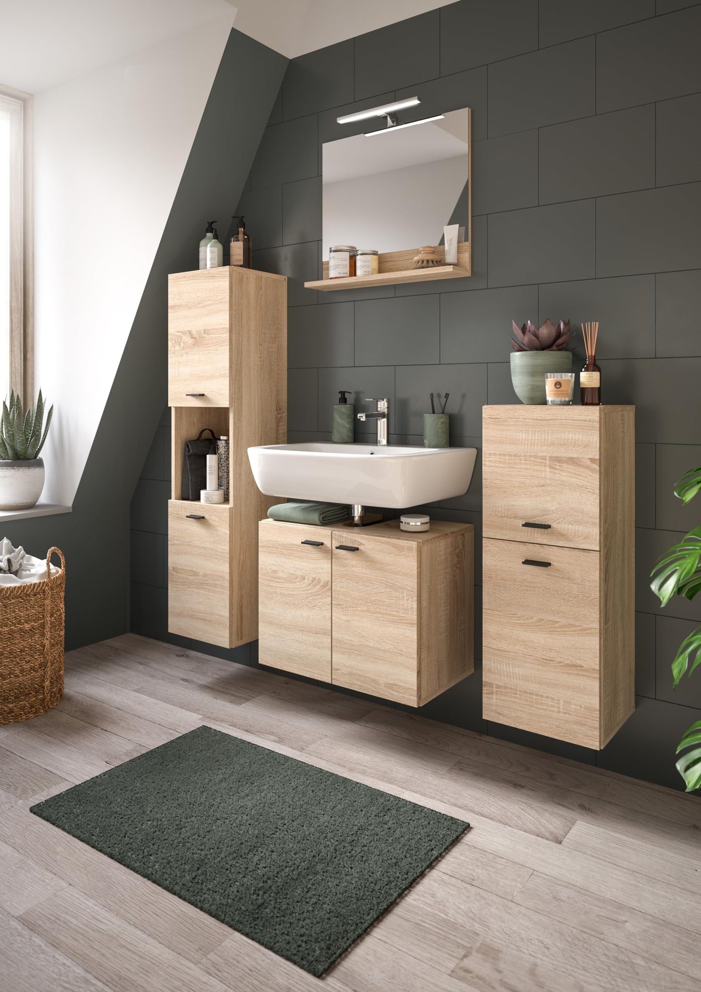 Boston Bathroom Cabinet, Standing Wall Cabinet, Hanging Cabinet, Wall Cabinet, Sonoma Oak Wood, Approx. 30 x 80 x 29 cm, Floor Standing/Hanging Mountable