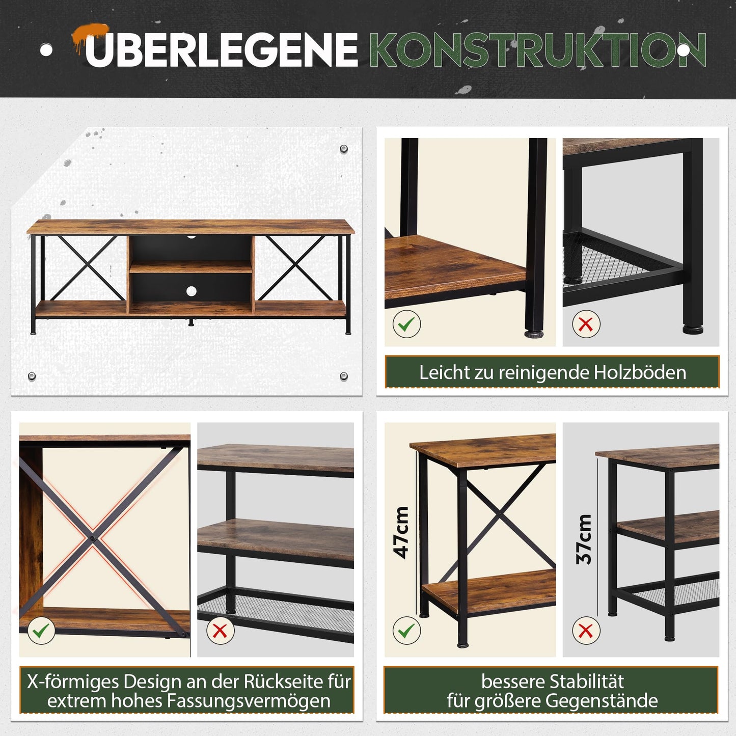 WLIVE TV Schrank, TV Lowboard für Fernseher bis zu 65 Zoll, TV Board Fernsehschrank mit Offenen Stauraum, 140 x 40 x 49 cm, Fernsehtisch für Wohnzimmer und Schlafzimmer, Vintagebraun-Schwarz