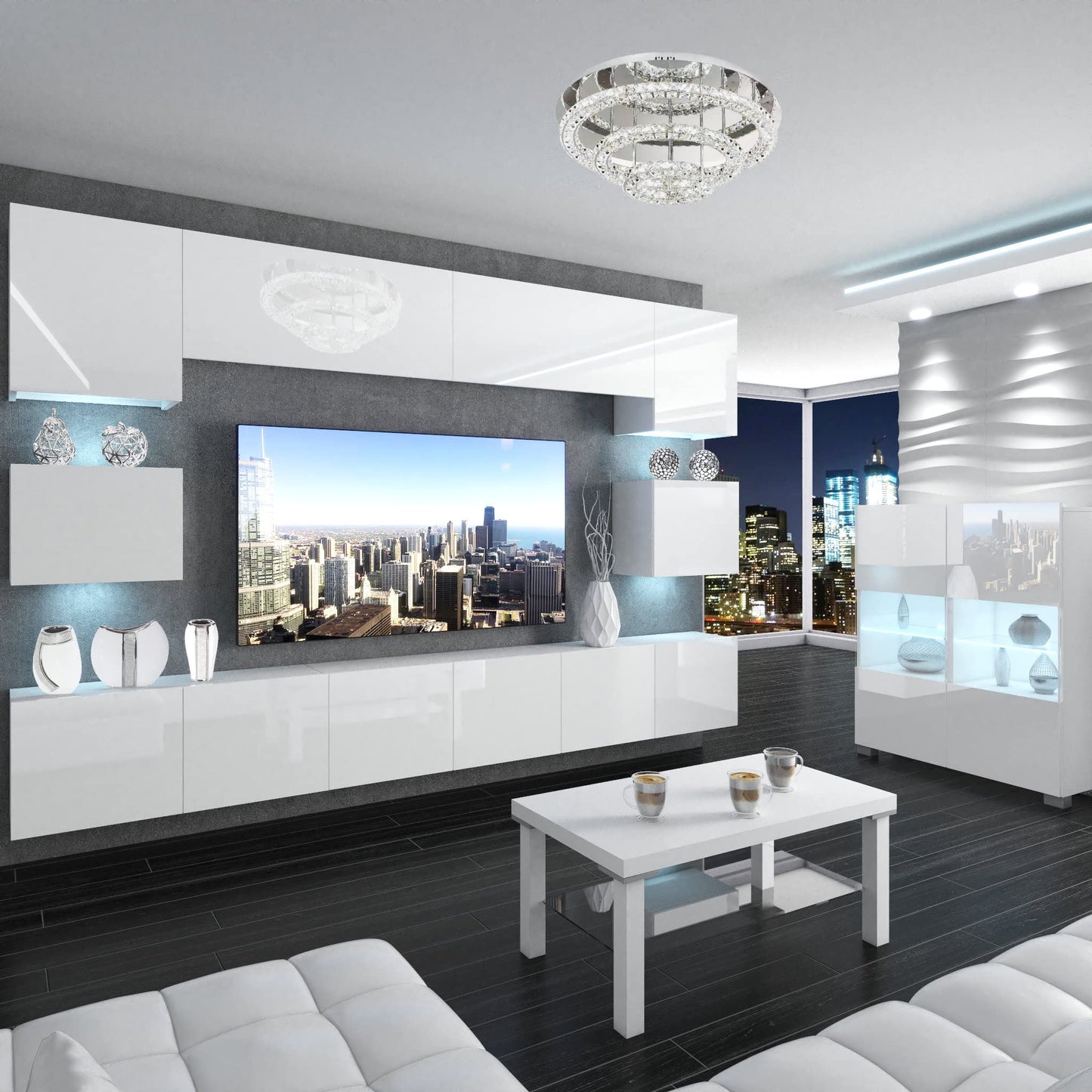 BELINI Living Room Wall Unit Full Equipment Living Room Set Modern Cabinet Wall with LED Lighting TV Cabinet White