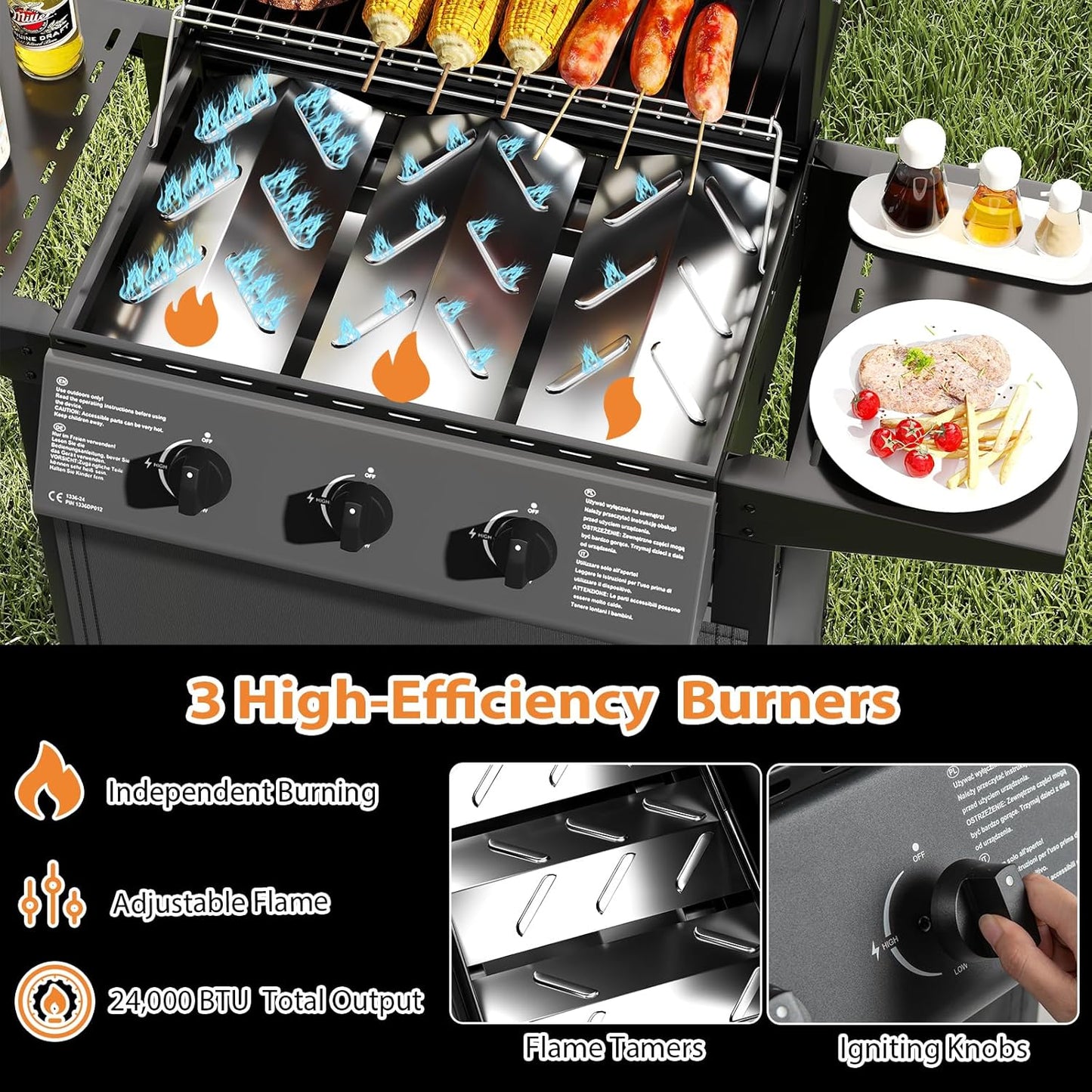 KOMFOTTEU Gas Barbecue with 3 Burners & Thermometer, 24,000 BTU, Outdoor Grill with 2 Side Plates, Cooking Grate, 2 Wheels, Garden Grill for Camping, Yard, 106 x 47 x 98 cm