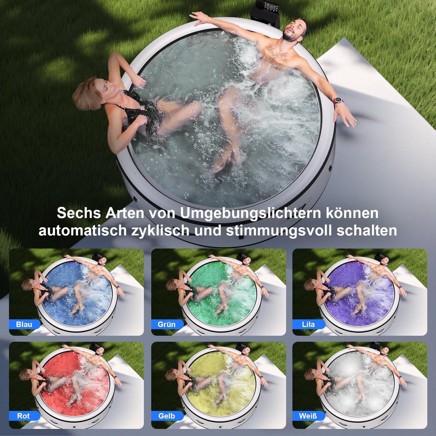 PureSpa Inflatable Bathtub with Bubble Function, Pool Massage Hot Tub, 150 Soothing Air Nozzles, Integrated Quick Filling System, LED Lights, Insulated Cover and Floor Mat, 206 x 71 cm
