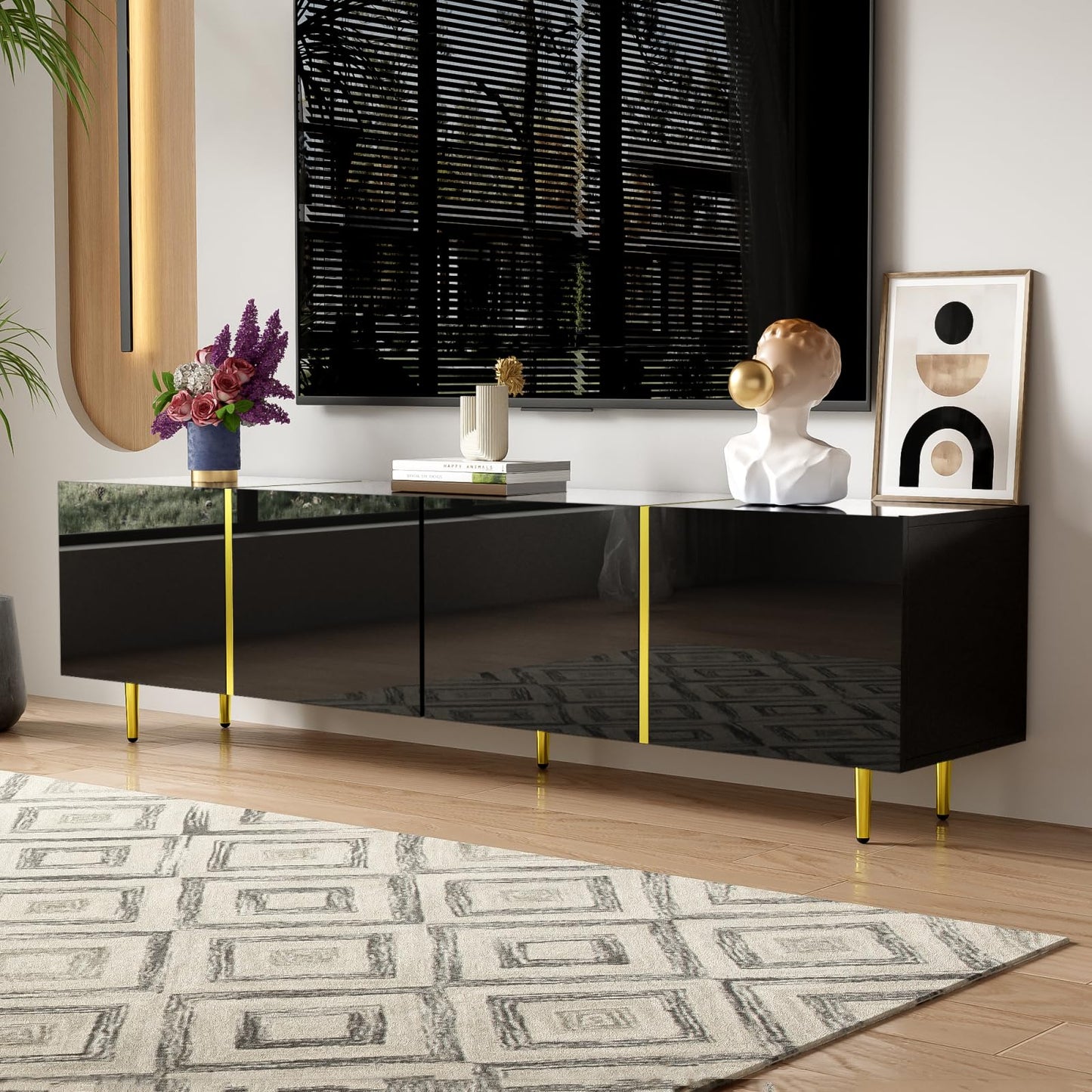 TV Cabinet with 3 Drawers, TV Table with Golden Handles and Legs, Modern TV Stand for TVs up to 75 Inches, Rounded Corners, TV Cabinet for Living Room, 174 x 35 x 41 cm, White