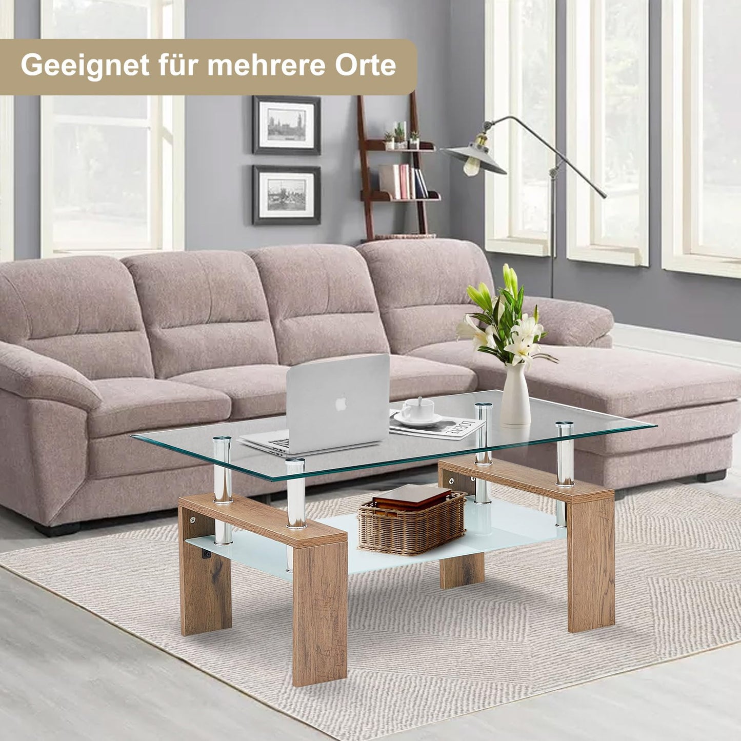 CLIPOP Rectangular Coffee Table Made of Tempered Glass, Living Room Table, Modern Sofa Table with Storage Space, Coffee Table, Glass Table with Lower Shelf for Living Room, Balcony, Bedroom, 100 x 60
