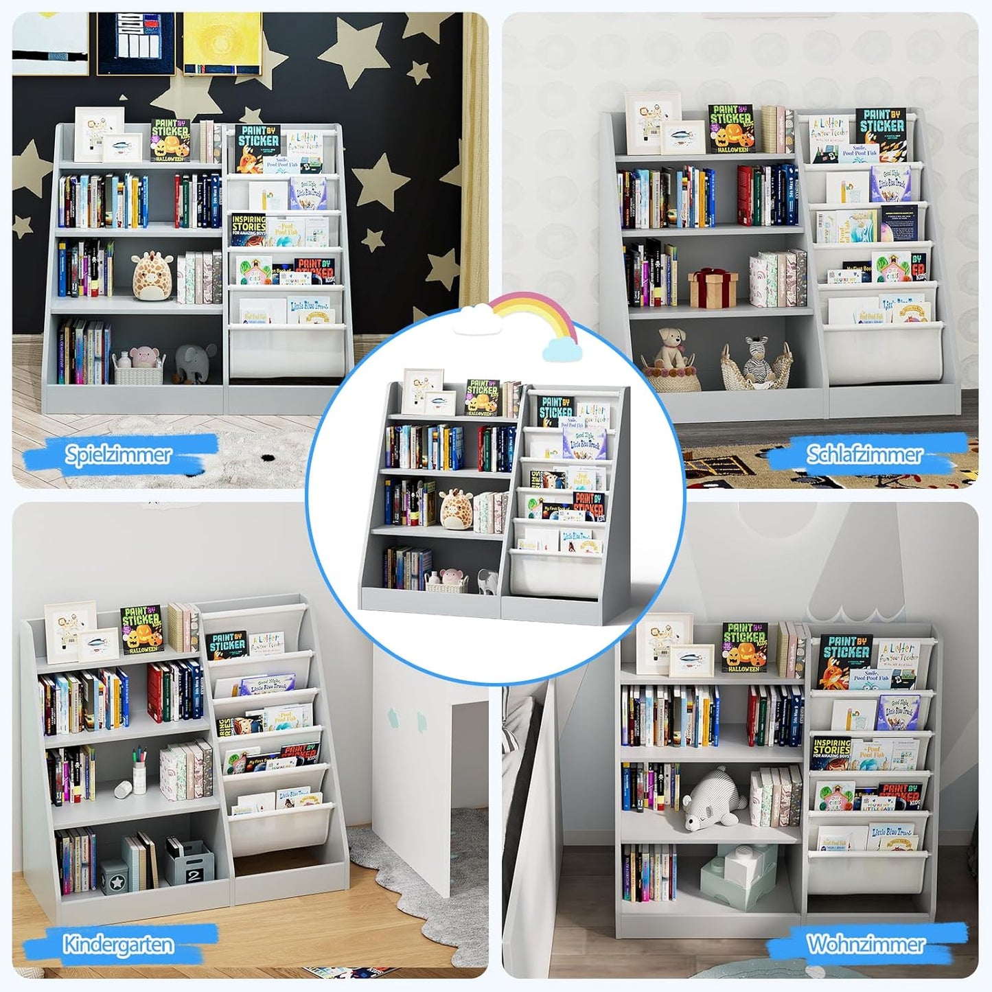Children's Shelf, White with 5 Shelves and 4 Open Compartments, Bookcase for Children, Toy Organiser, 90 x 40 x 80 cm