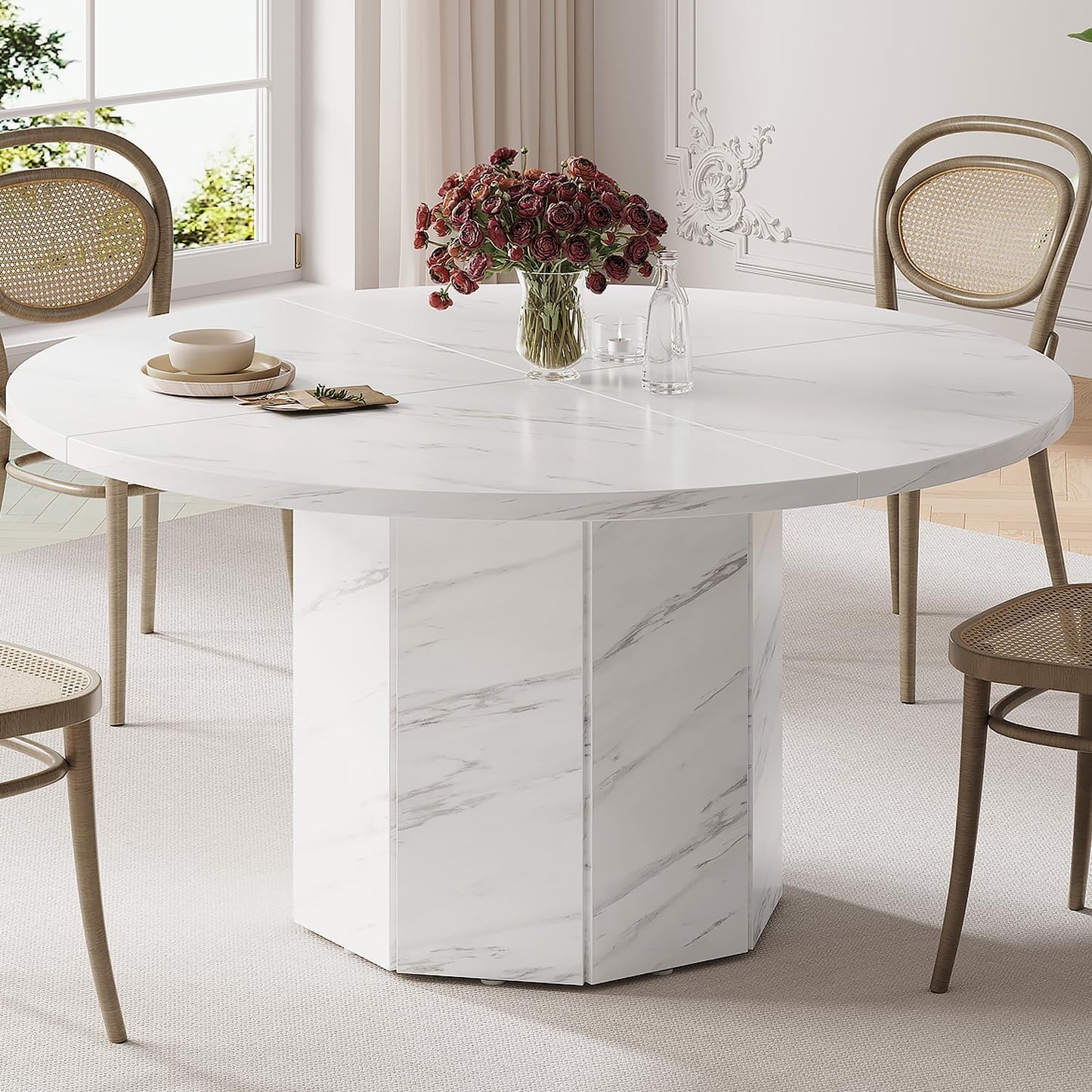 HSH Round Dining Table, White Kitchen Table for 4 to 6 People, Wooden Dining Room Table with Marble Look, Modern Design Table with Octagonal Base for Dining Room, White, 120 cm