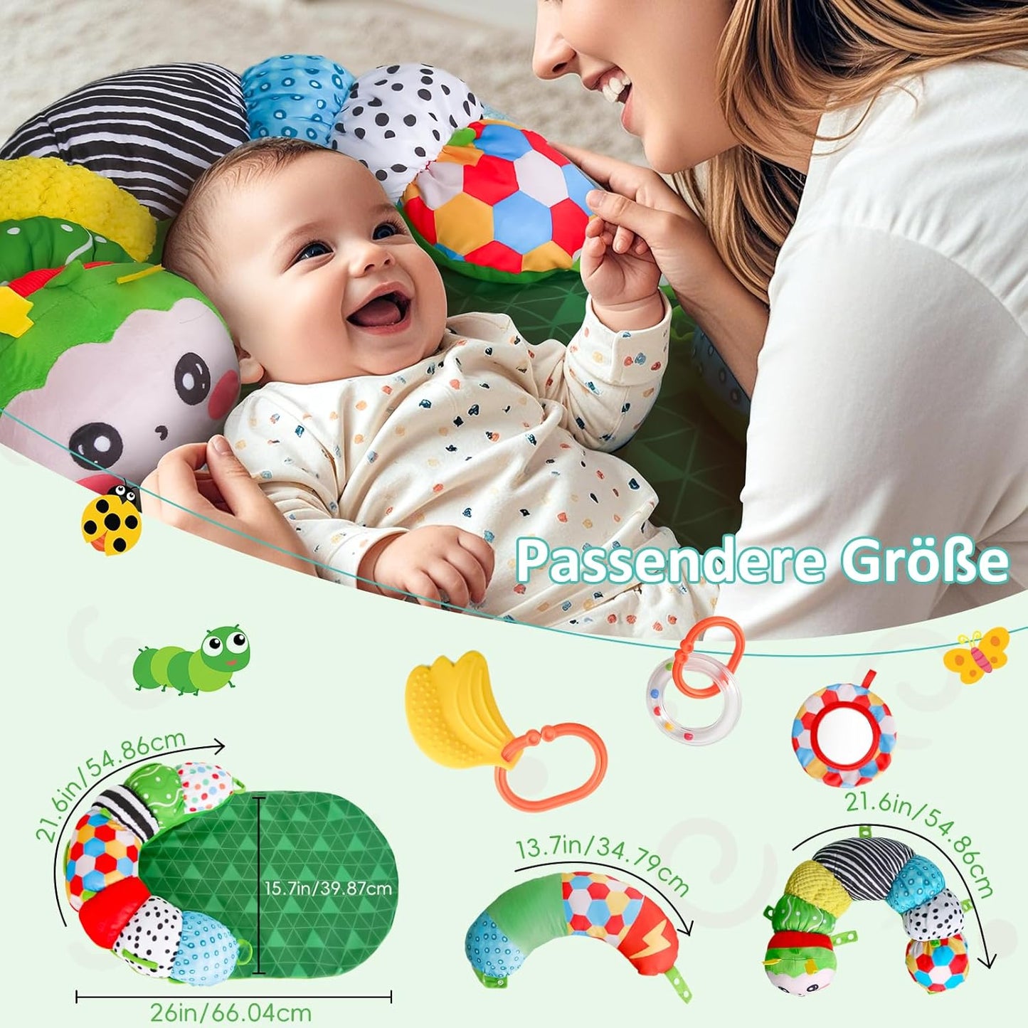 Generisch SAIMAND Baby Toy 0-6 Months, 3-in-1 Removable Caterpillar Play Pillow for Tummy Time Toys, Abdominal Position, Sitting & Support with Rattle, Teething Ring and Mirror, Ideal Baby Gift 0-3-6
