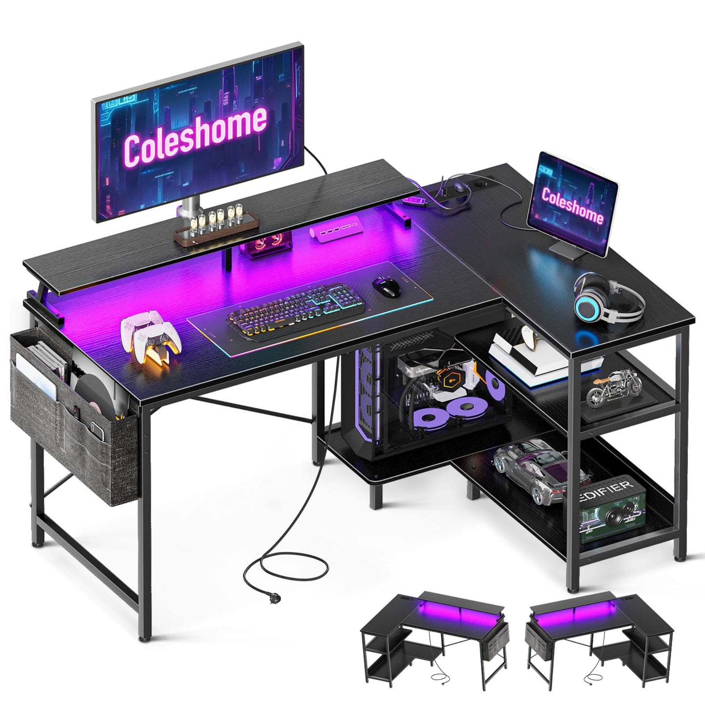 Coleshome Gaming Table L Shape with LED and Sockets, 120 x 80 cm Corner Desk with Shelf, Reversible Desk, L Shape, Black with Monitor Stand, Corner Table for Office, Study