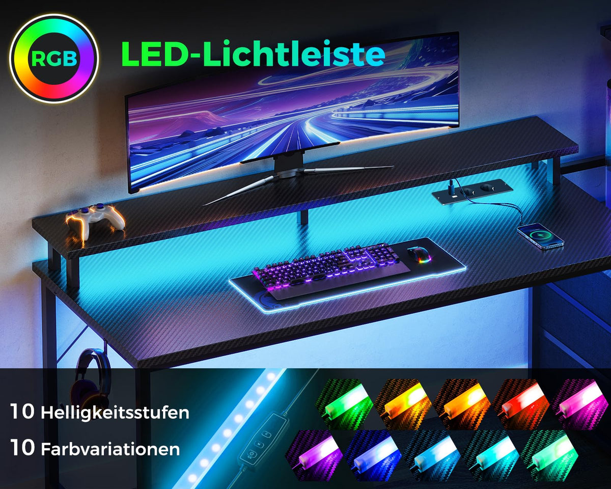 Coleshome Gaming Table with Drawers, 151 x 50 cm Gaming Desk with LED Lighting & Socket, Computer Desk with Shelves & Monitor Stand, Carbon Fibre Black