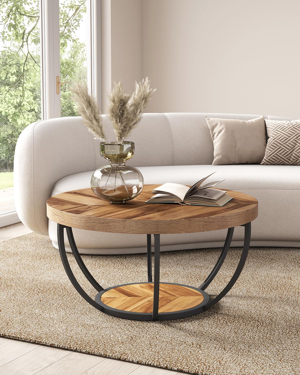 LITTLE TREE Round Coffee Table 32 Inch Round Coffee Table for Living Room 2 Tier Wood Accent Center Table with Open Storage Industrial Design Home Furniture (Wood Grain and Black)
