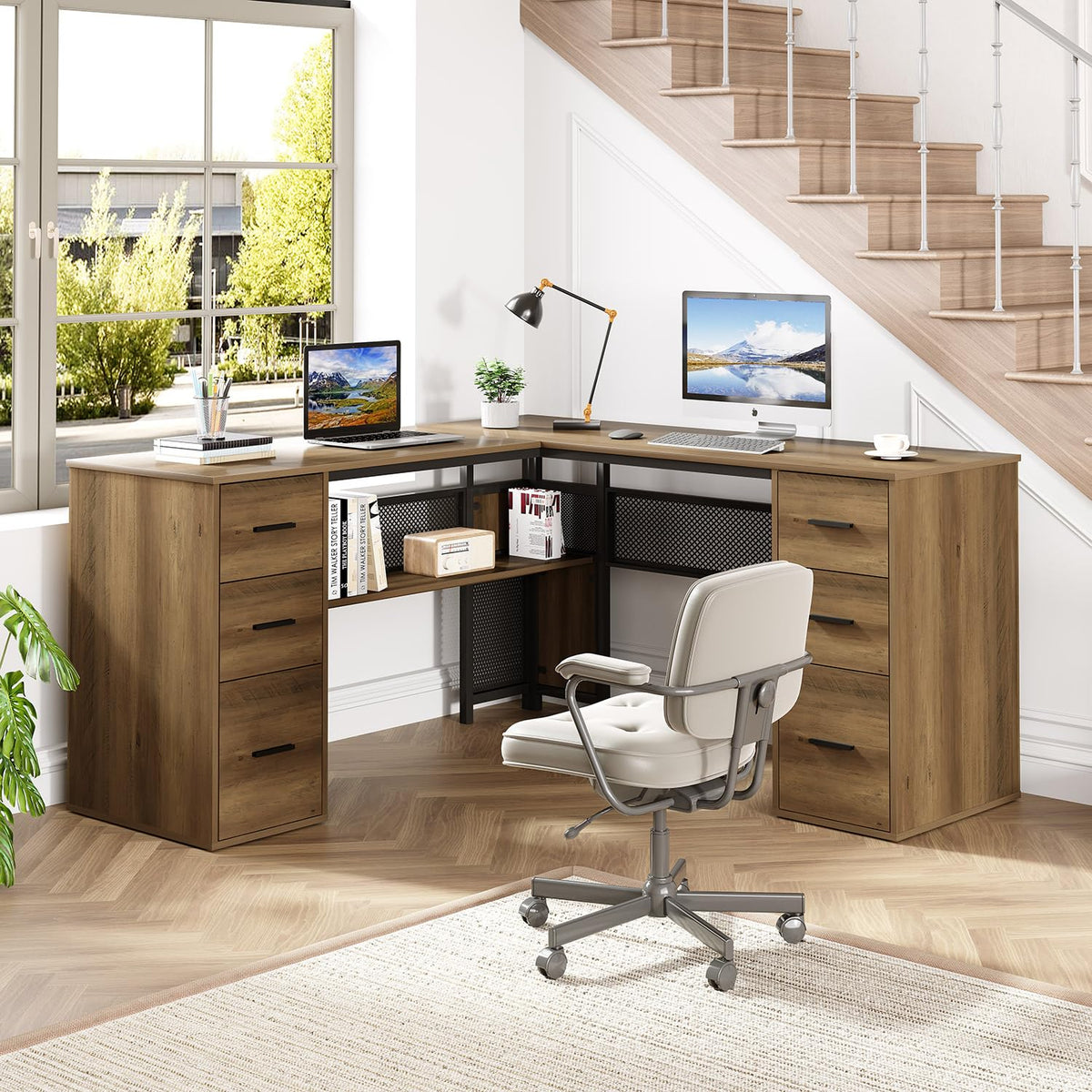 HSH L Shape Desk with Storage Space, Large Corner Desk, Computer Desk with Drawers and Shelves, Home Office, Bedroom, Metal, Wood Desks, Light Grey Oak, 150 cm