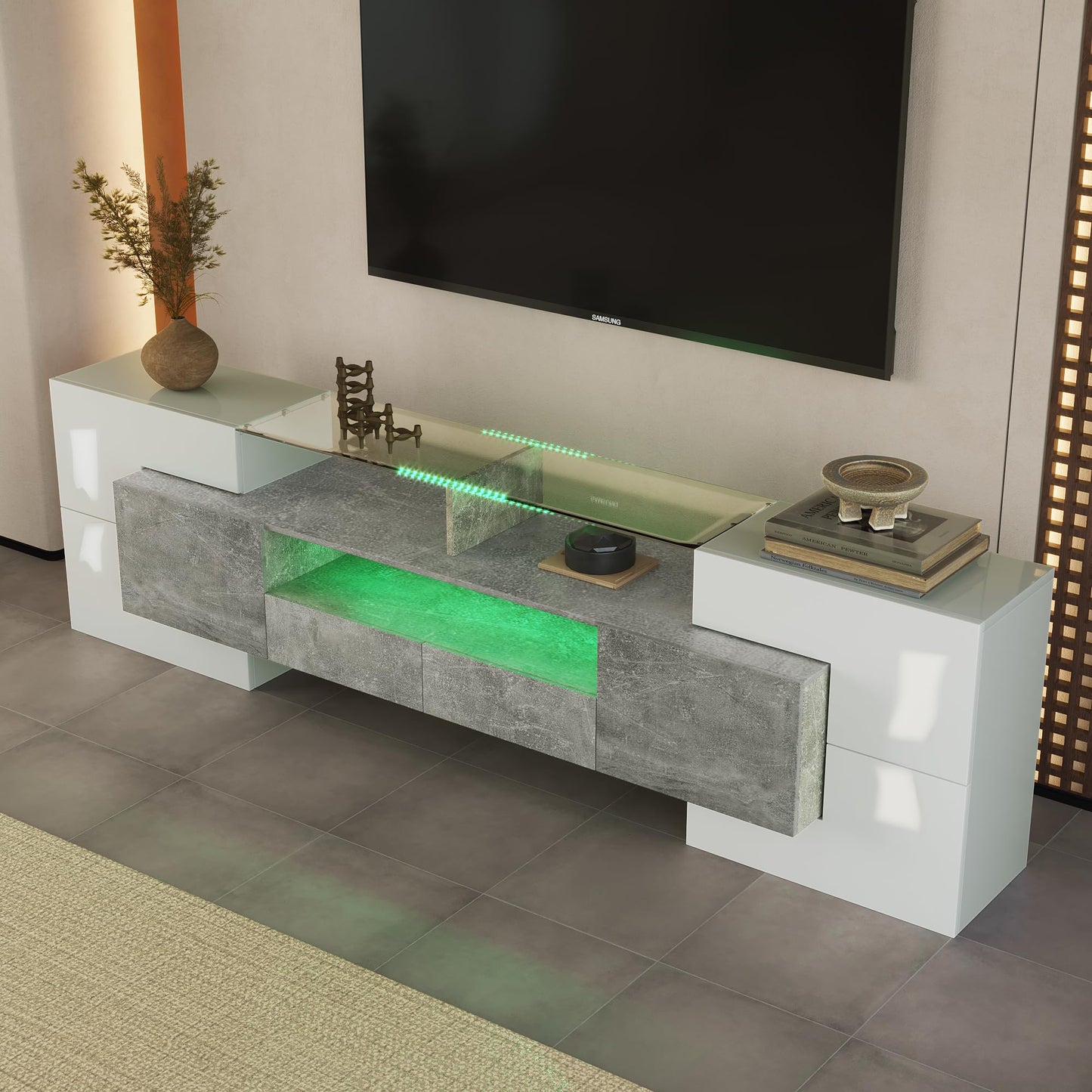 LANTRO JS TV Cabinet 200 cm Long with Elegant Glass Surface, TV Lowboard in Marble Look, TV Cabinet with LED Lighting, White and Black