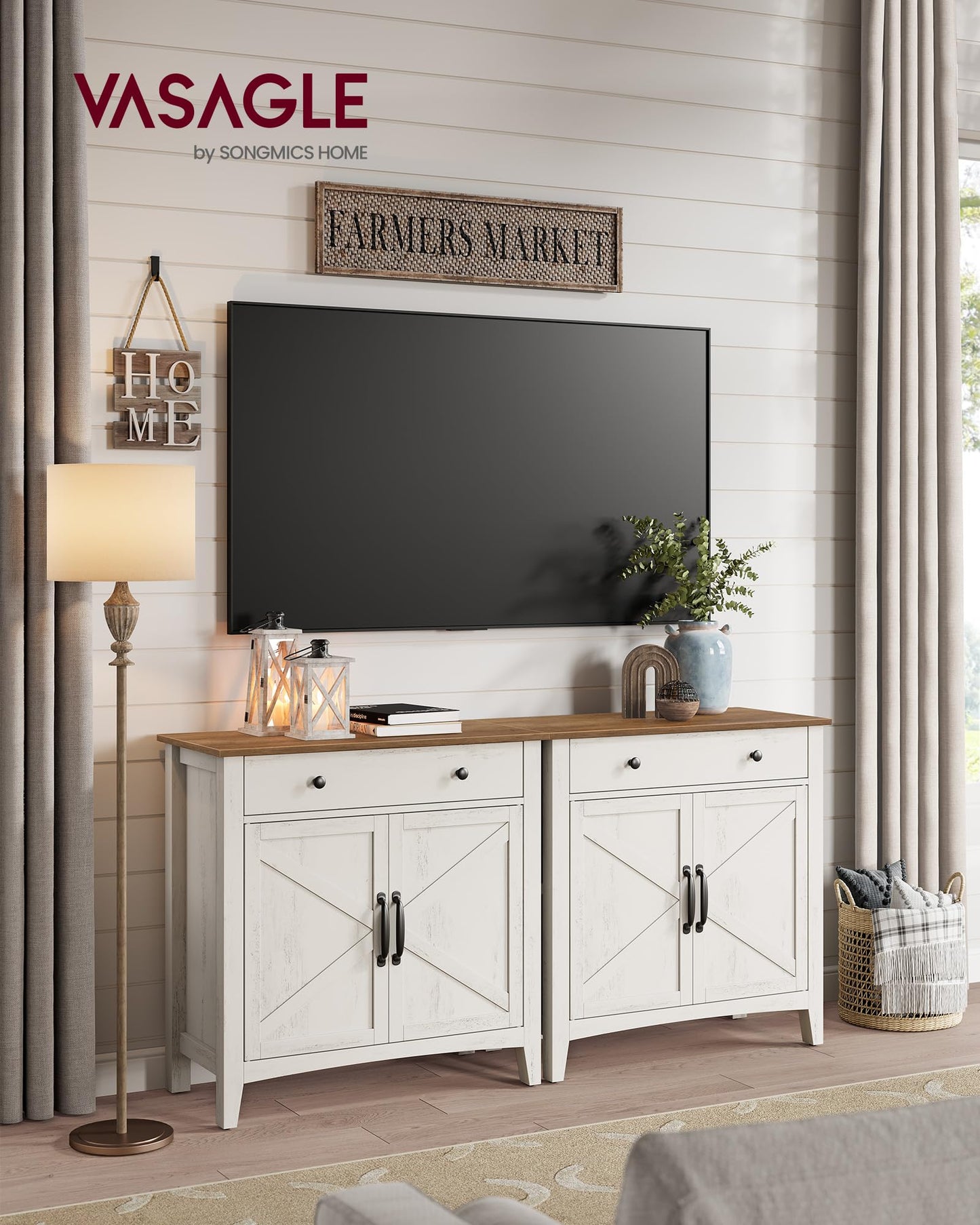 VASAGLE Kitchen Cabinet, Sideboard with Drawers, Storage Cabinet with Doors, Adjustable Shelf, Country House Style, for Living Room, Kitchen, 40 x 80 x 80 cm, Cloud White/Honey Brown BBK341W02