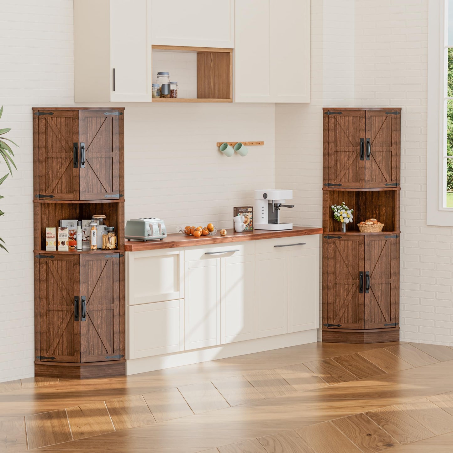 Tall Kitchen Cabinet, Corner Cabinet, Bathroom Cabinet, Narrow Corner Shelf with 4 Doors and 5 Shelves, 165 cm Wooden Storage Cabinet, Tall Cabinet for Kitchen, Living Room, Dining Room
