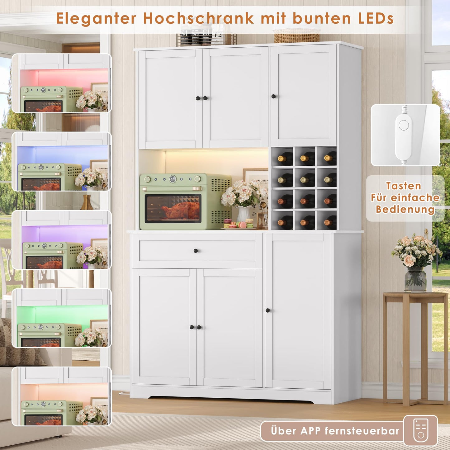 FirFurd Kitchen Cabinet 180 cm Buffet Cabinet with LED Sideboard for Kitchen with Power Strip Kitchen Cabinet with Worktop and Wine Rack for 12 Bottles Kitchen Buffet Kitchen Furniture 180 x 100 x 39