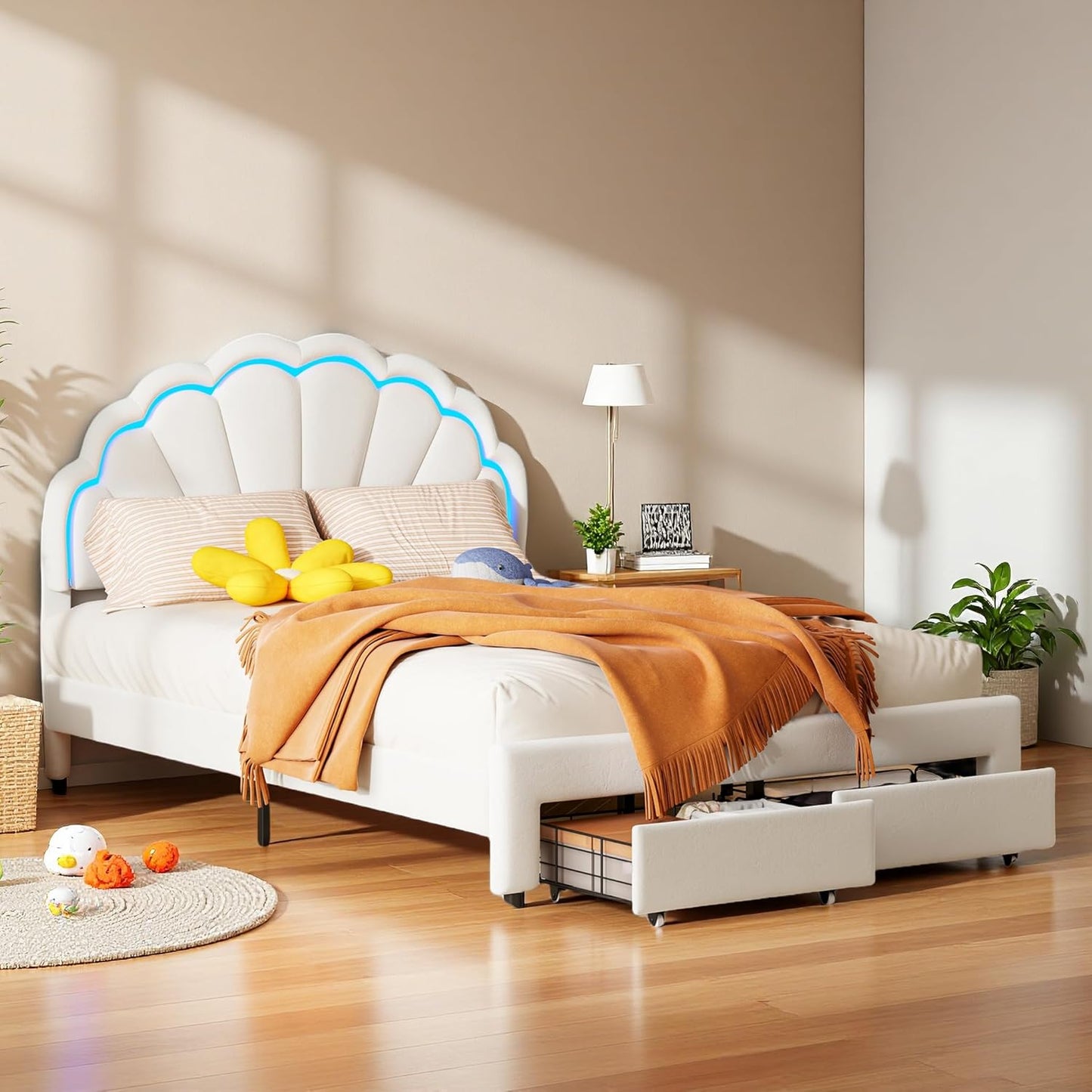 Upholstered Sofa Bed 140 x 200 cm, with Ambient Light and USB Connection, Children's Bed with Slatted Frame, Functional Bed, Teenager's Bed, Lambswool Material, Pink
