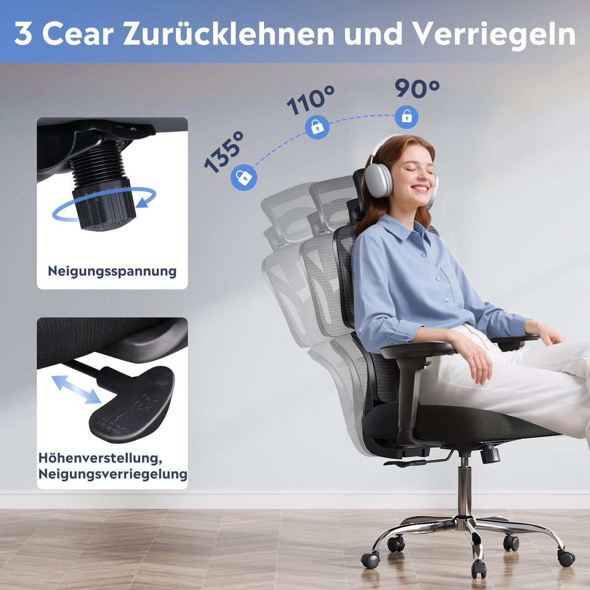 DEVAISE Ergonomic Office Chair with Adjustable Lumbar Support, High Backrest, Adjustable 3D Headrest, 5D Armrests, Rocker Function, Desk Chair for Office and Home Office, up to 180 kg, Black