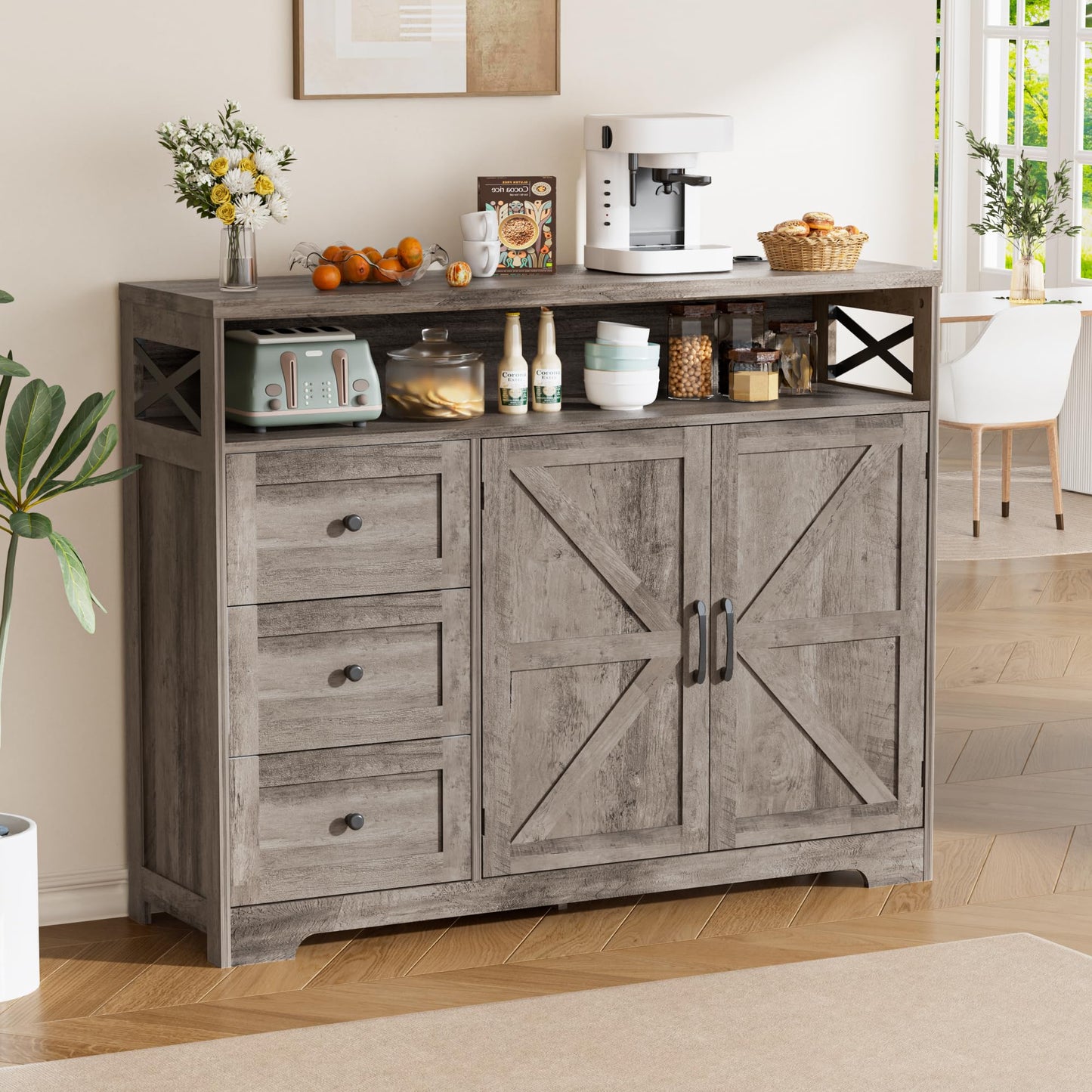 Kitchen Cabinet, Sideboard with Drawers and Open Shelf, Sideboard, Kitchen Cabinet, Coffee Bar Cabinet for Kitchen, Dining Room, Living Room, 120 x 35 x 95 cm, White