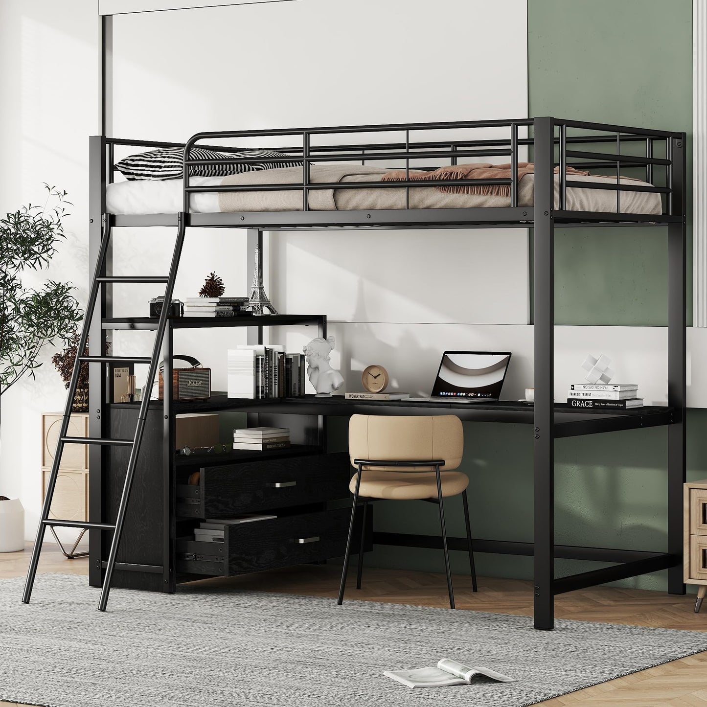 Merax Kinderbett Hochbett 90x200 cm Metallbett mit L-förmigem Schreibtisch, 2 Schubladen und Regal, Bettgestell mit Lattenrost (ohne Matratze) für Kinder/Erwachsene, Schwarz