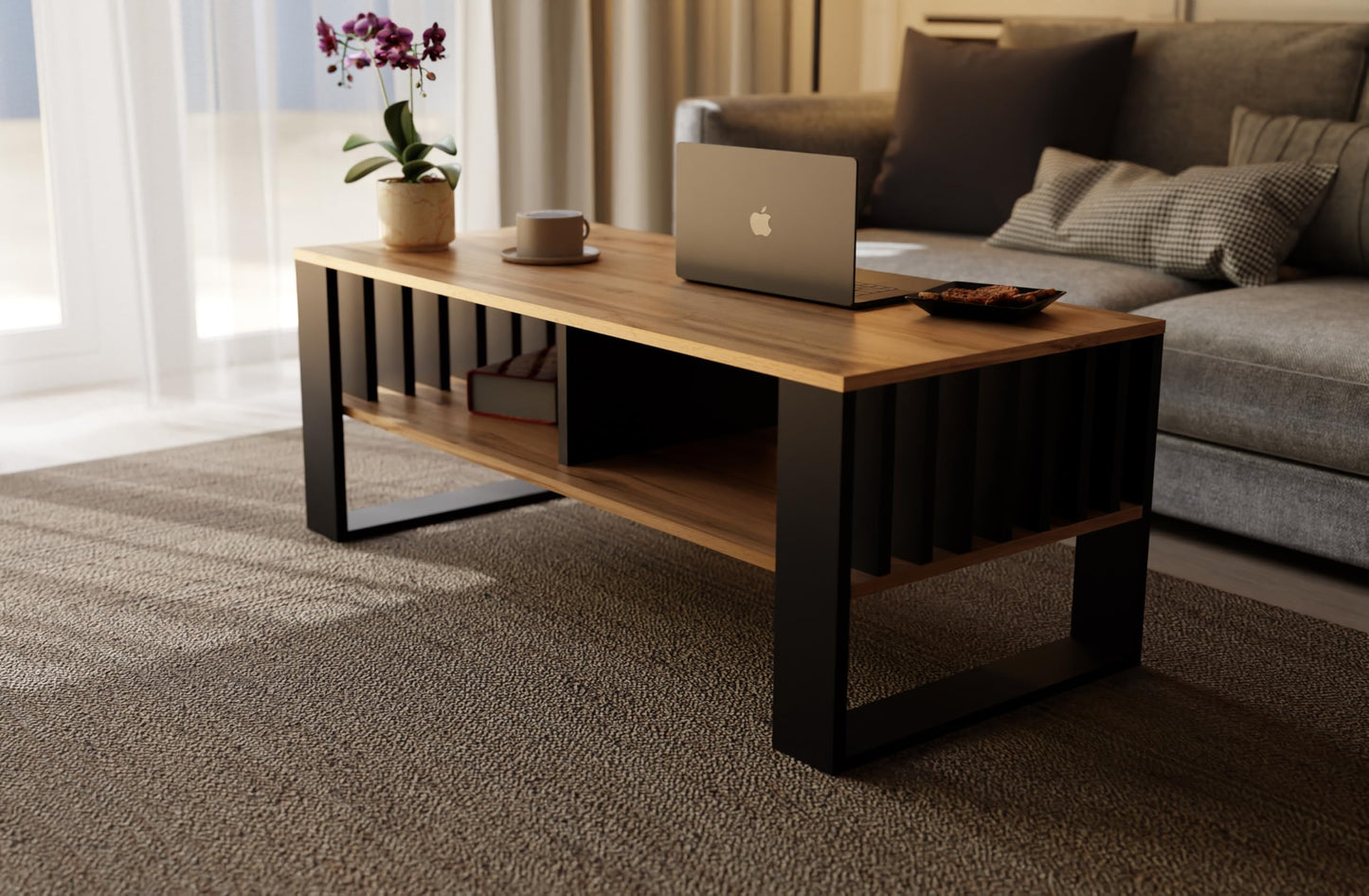 Meble Pitus Coffee Table White - Modern Living Room Table 90 x 50 x 50 cm with Storage Space & Slat Design