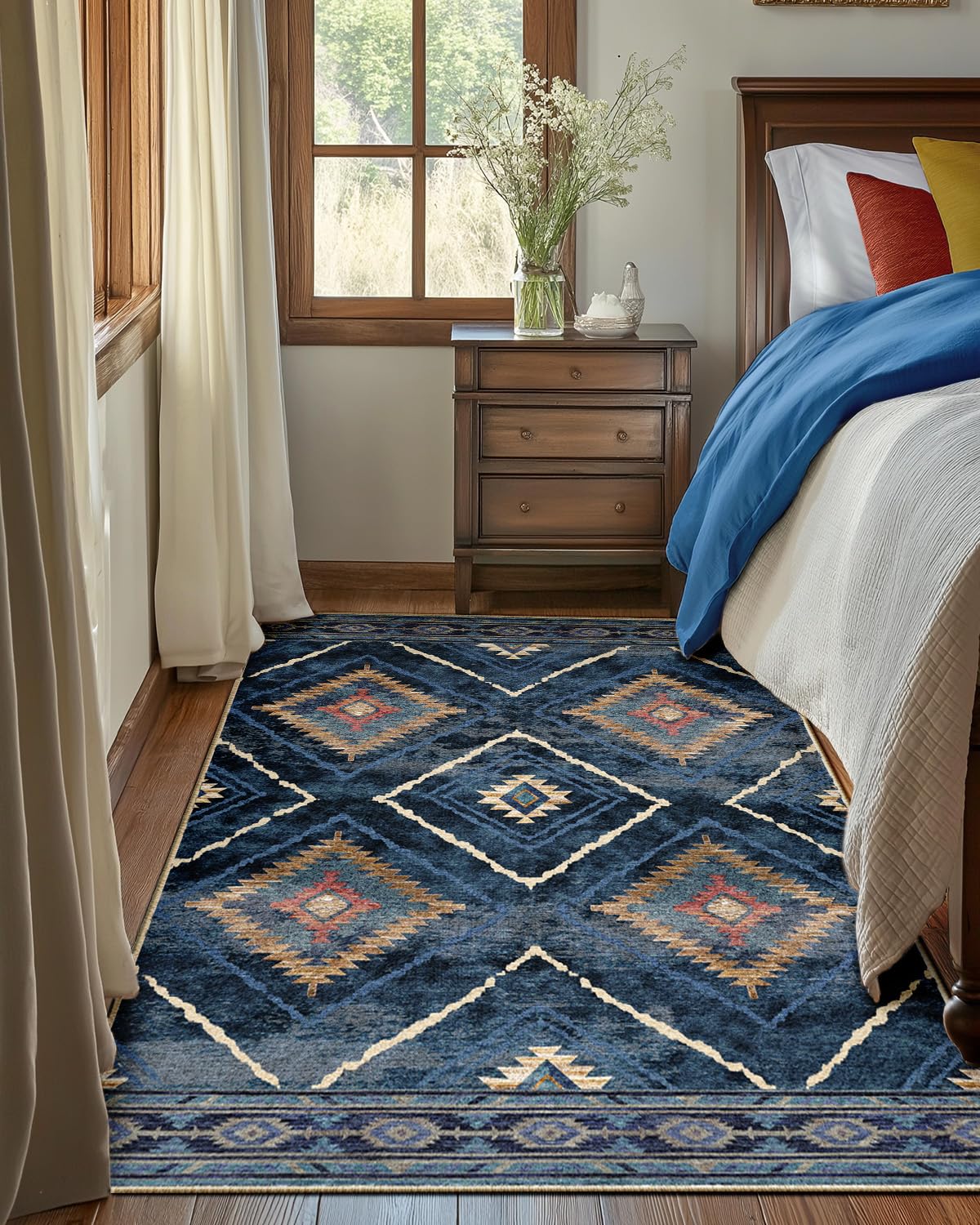 DEFYNEE Teppich Wohnzimmer 120 x 180 cm – Waschbarer Kurzflor Teppich, rutschfest, Vintage & Boho Stil, Pflegeleicht – Für Flur, Wohnzimmer, Schlafzimmer & Esszimmer, Dunkelblau
