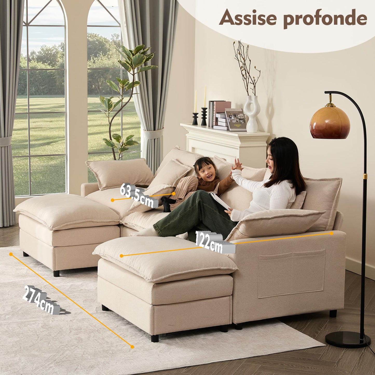 Litbird U-förmiges modulares Sofa 3-Sitzer Ecksofa mit Hocker, tiefes Sitzdesign, Cloud Couch für Wohnzimmer(Hellbraun)