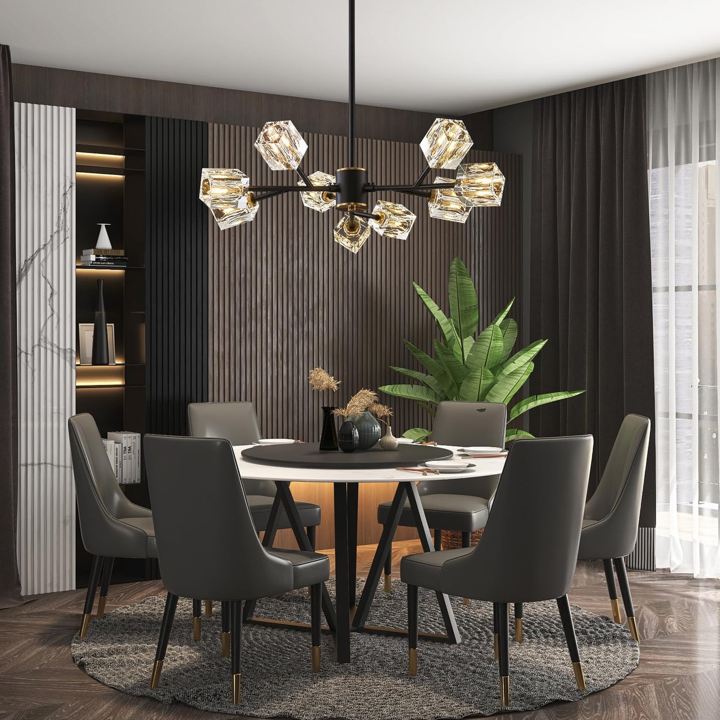 Crystal Ceiling Light, Modern Black and Gold Ceiling Lamp, 8 Lights Design, K9 Crystal Chandelier, Semi-Flush Luxury Ceiling Light for Bedroom, Living Room and Dining Room