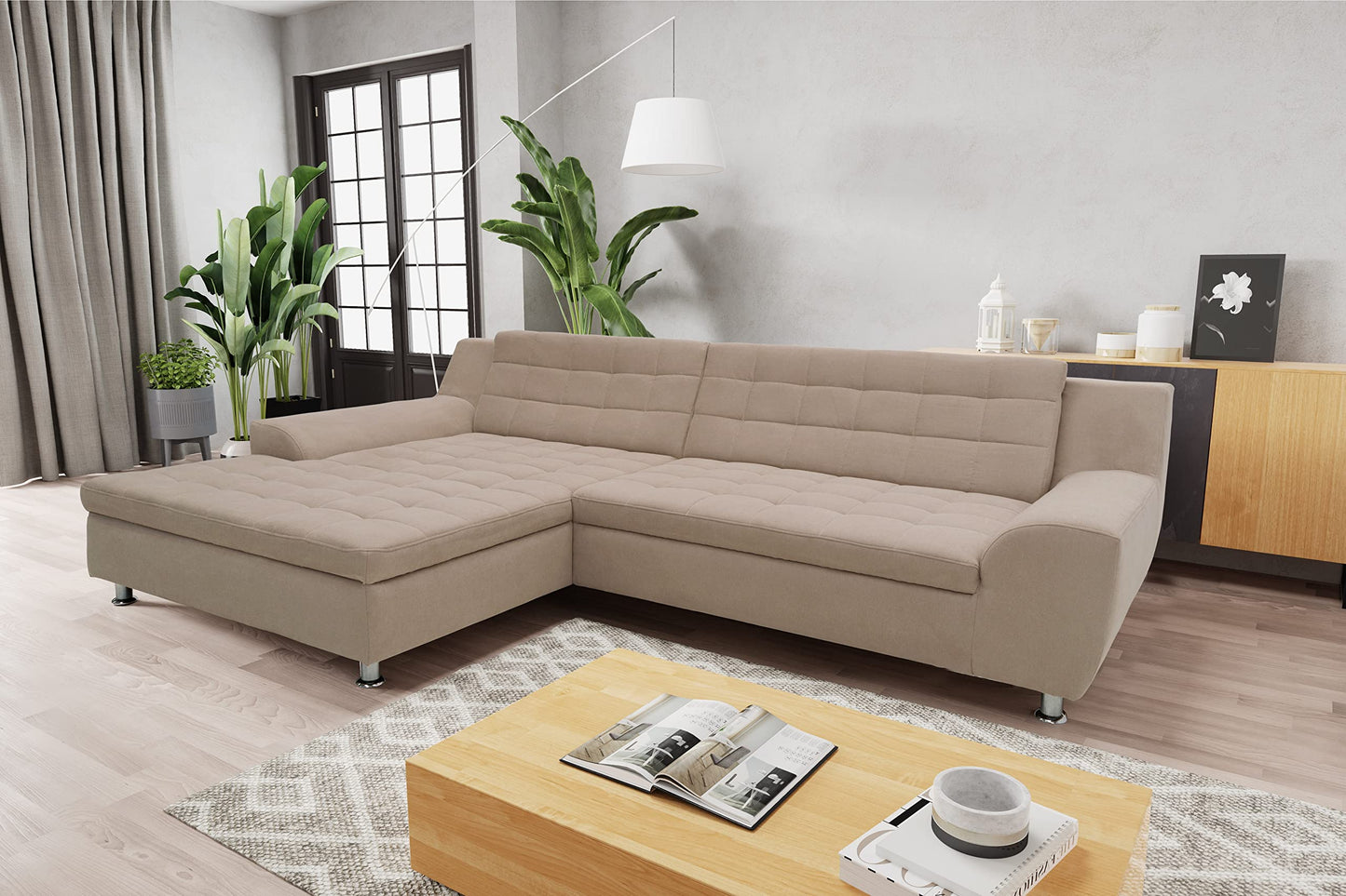 DOMO. collection Merida Corner Sofa, Sofa with Sleep Function in L-Shape, Corner Couch with Bed Box, Sofa Bed 304 x 200 x 84 cm (W x D x H), Beige