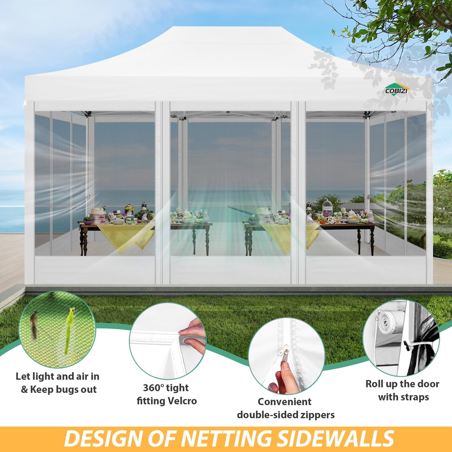 COBIZI Pavillon 3x3 Faltpavillon 3x3 Wasserdicht Stabil, Partyzelt Gartenpavillon UV-Schutz mit 4 Seitenwänden aus Mesh, Schwarz