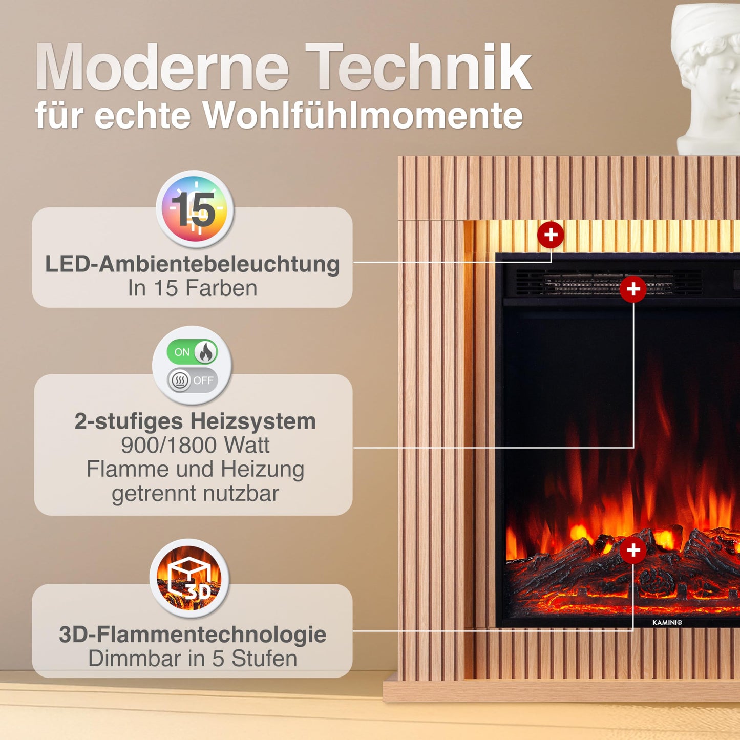 Matti Electric Fireplace with Heater, 3D Flame Effect, LED Ambient Light, Remote Control, 32 Inches (81 cm) (Oak)