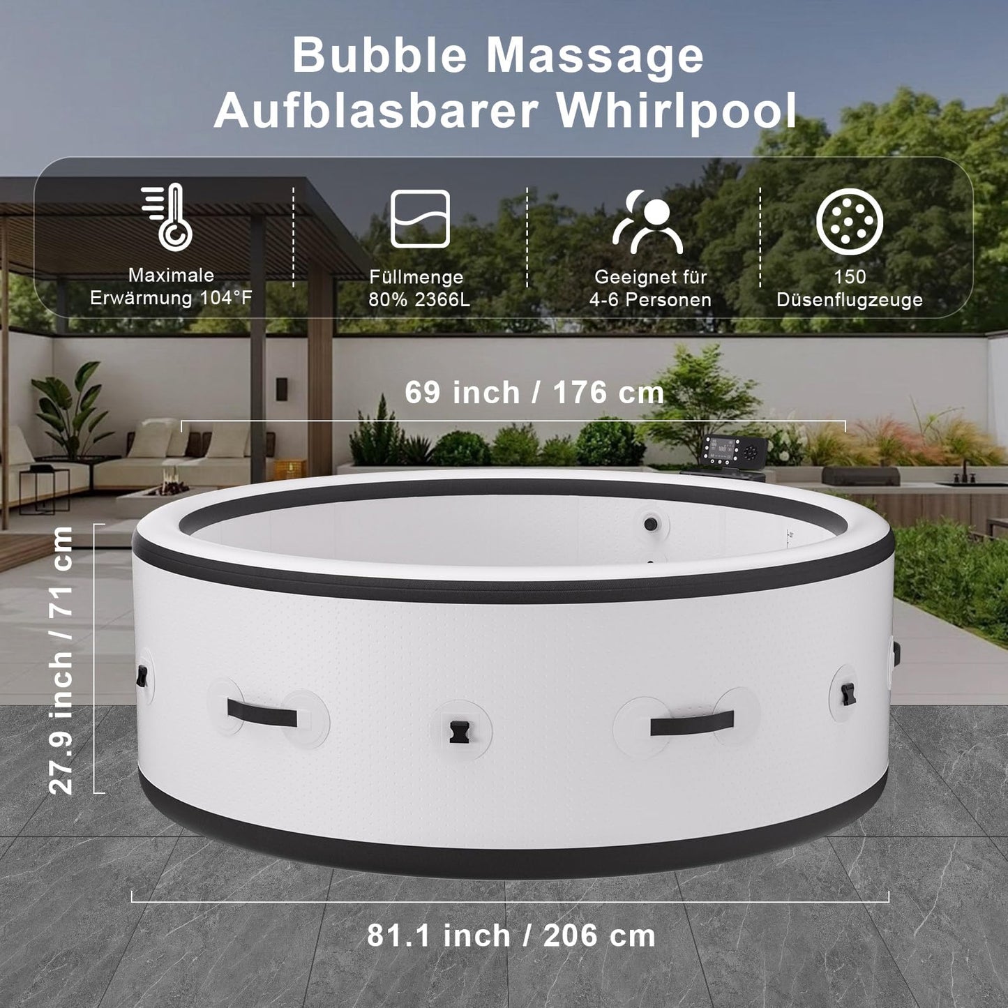 PureSpa Inflatable Bathtub with Bubble Function, Pool Massage Hot Tub, 150 Soothing Air Nozzles, Integrated Quick Filling System, LED Lights, Insulated Cover and Floor Mat, 206 x 71 cm