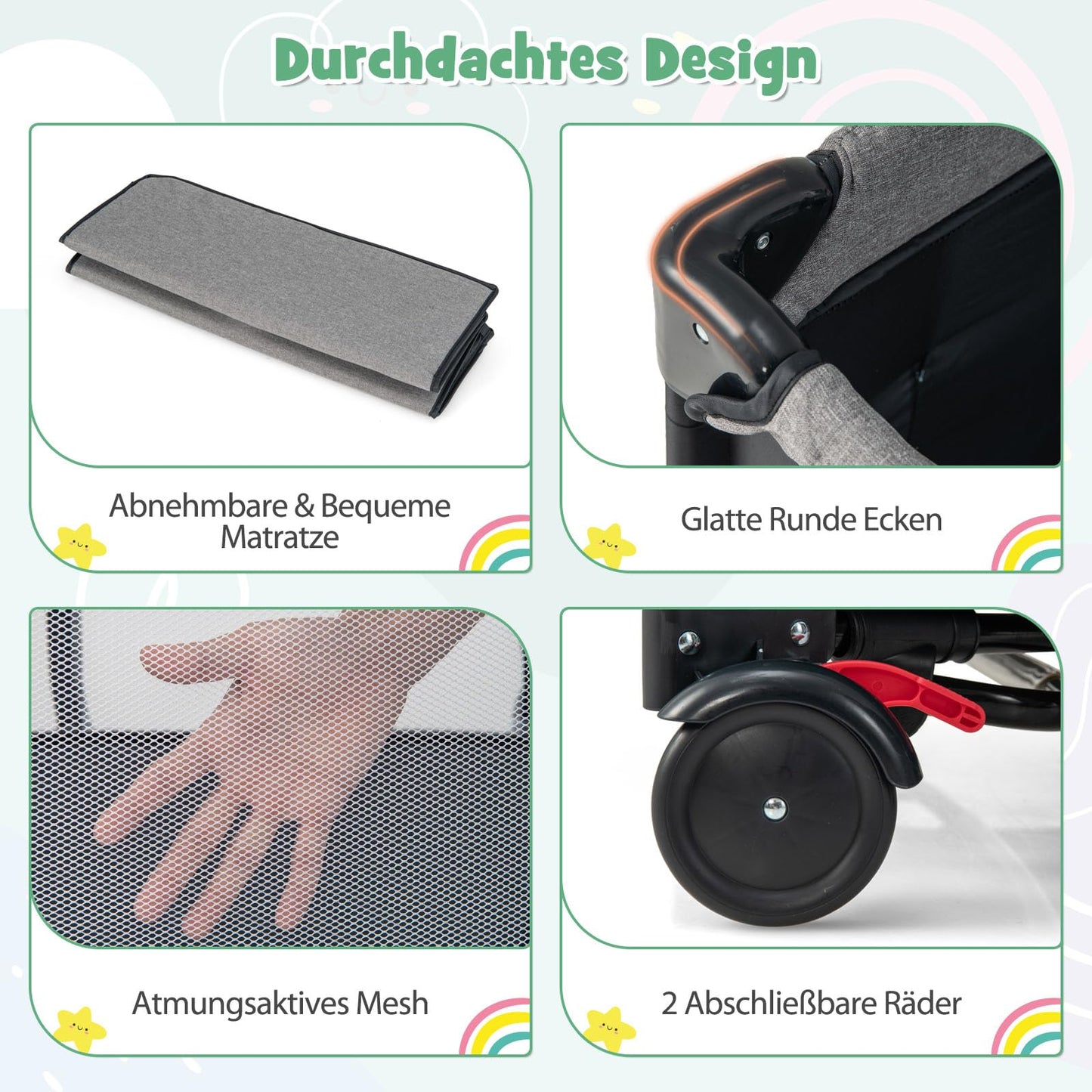 DREAMADE 5-in-1 Baby Travel Cot, 120 x 60 cm, Side Bed with Mattress & Changing Table, Music Box & Toy, Height-Adjustable Baby Bed for Baby from Birth (Dark Grey)