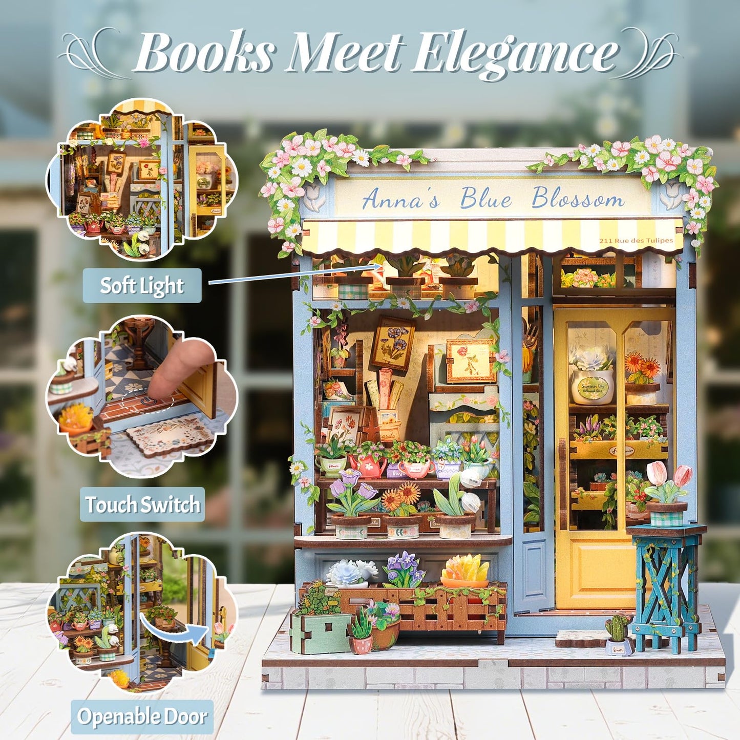 Endless Limit DIY Miniatur Haus Bausatz für Erwachsene,Puppenhaus Gewächshaus mit LED Licht,3D Puzzle Buchstütze aus Holz Modellbausatz Bastelset Bücherregal Deko Geschenken (Rose Garden Tea House)
