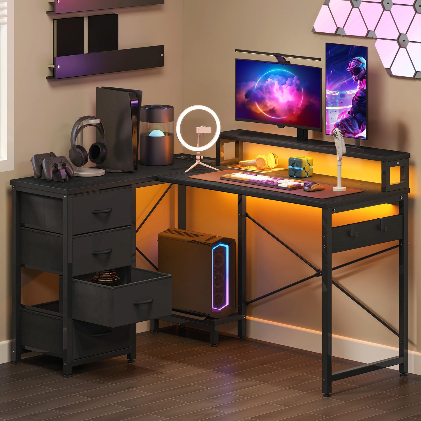 YITAHOME Desk, Reversible Corner Desk with 4 Drawers, L Shape Desk with 2 Sockets and 2 USB Charging Ports, Office Table L Shape with LED, 130 x 100 cm, Corner Table with Monitor Shelf, White