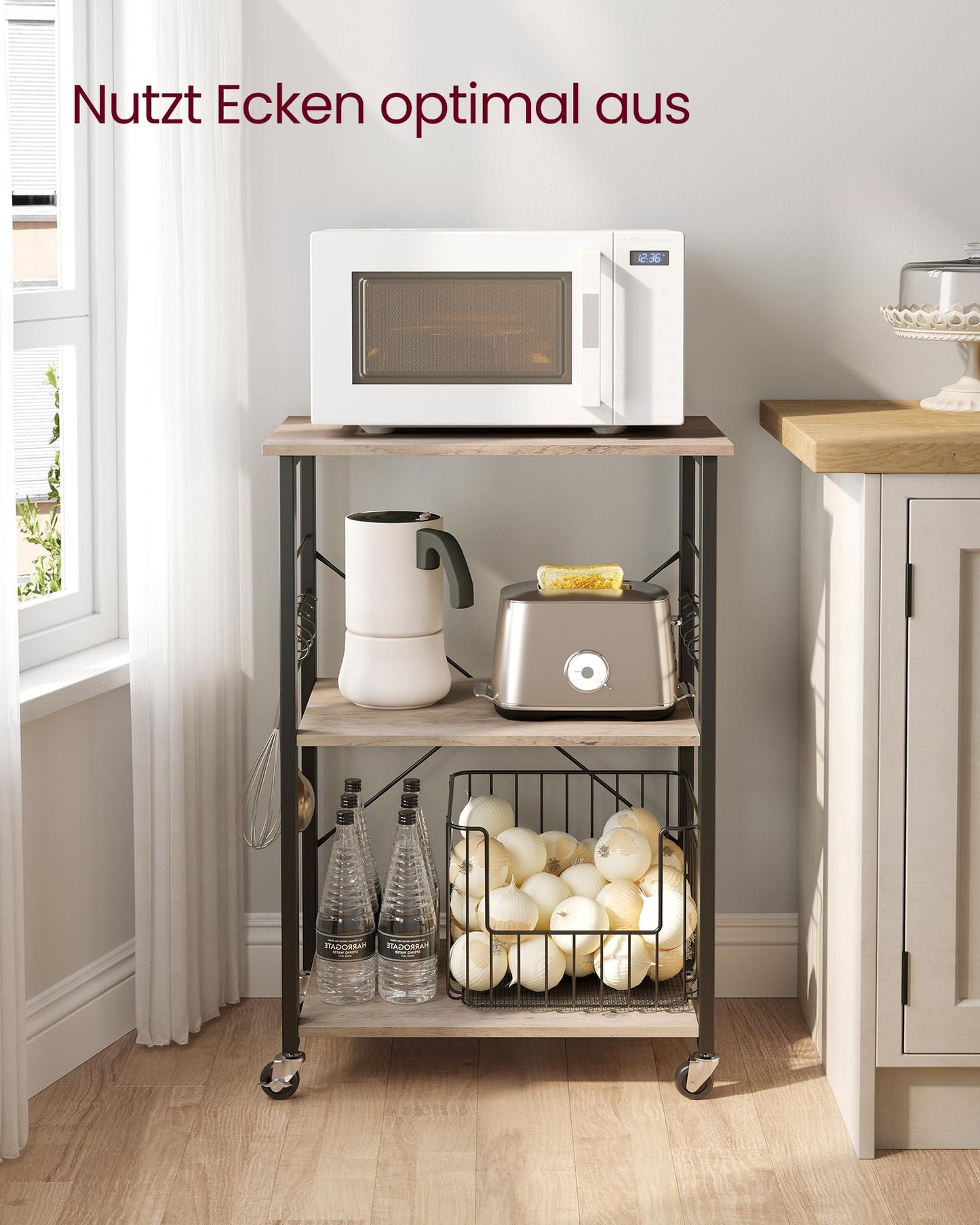 VASAGLE KKS60XV1 Kitchen Rack on Wheels Serving Trolley 3 Tier Kitchen Trolley Mini Oven Microwave Metal Frame 6 Hooks 40 x 60 x 89 cm Vintage Brown Ink Black