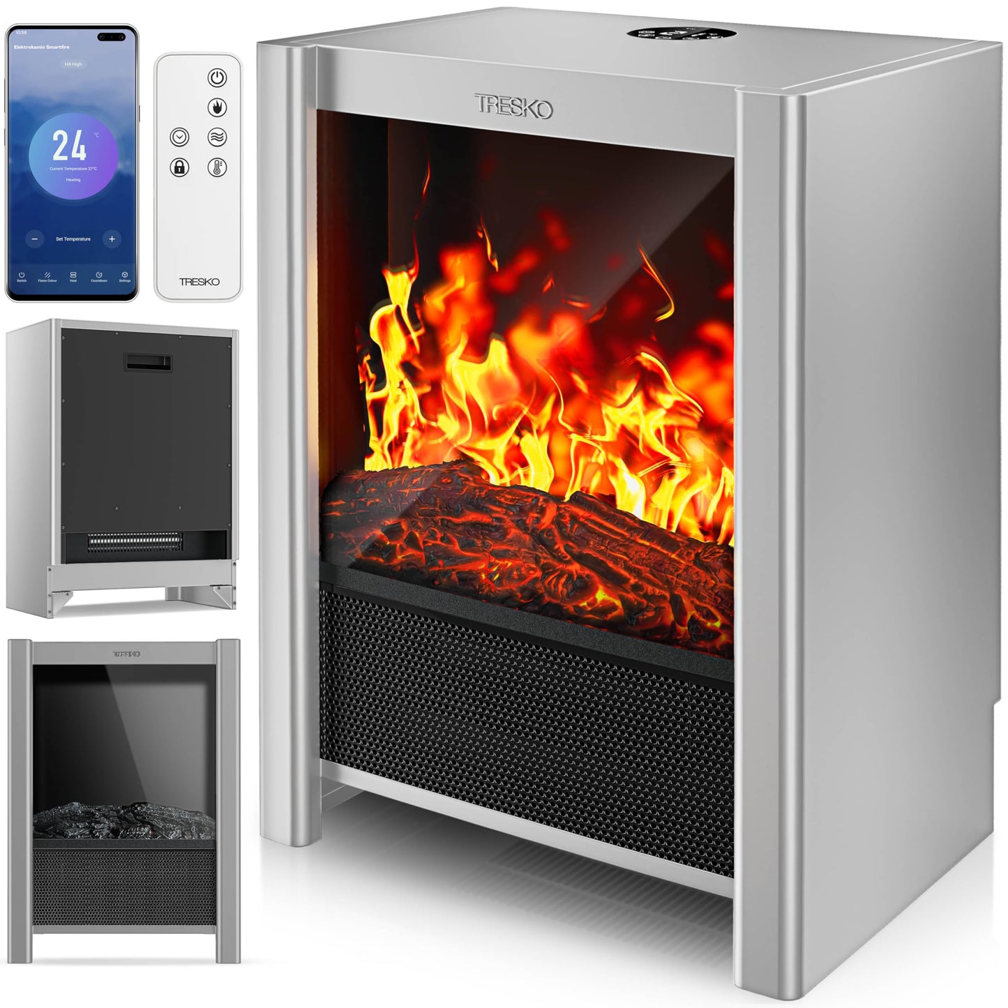 TRESKO Electric Fireplace with Heater & Remote Control 2000 W, WiFi App, Electric LED Flame Effect & LCD Display, Fireplace with Thermostat, Timer, Electric Fireplace, Standing Fireplace, Fan Heater