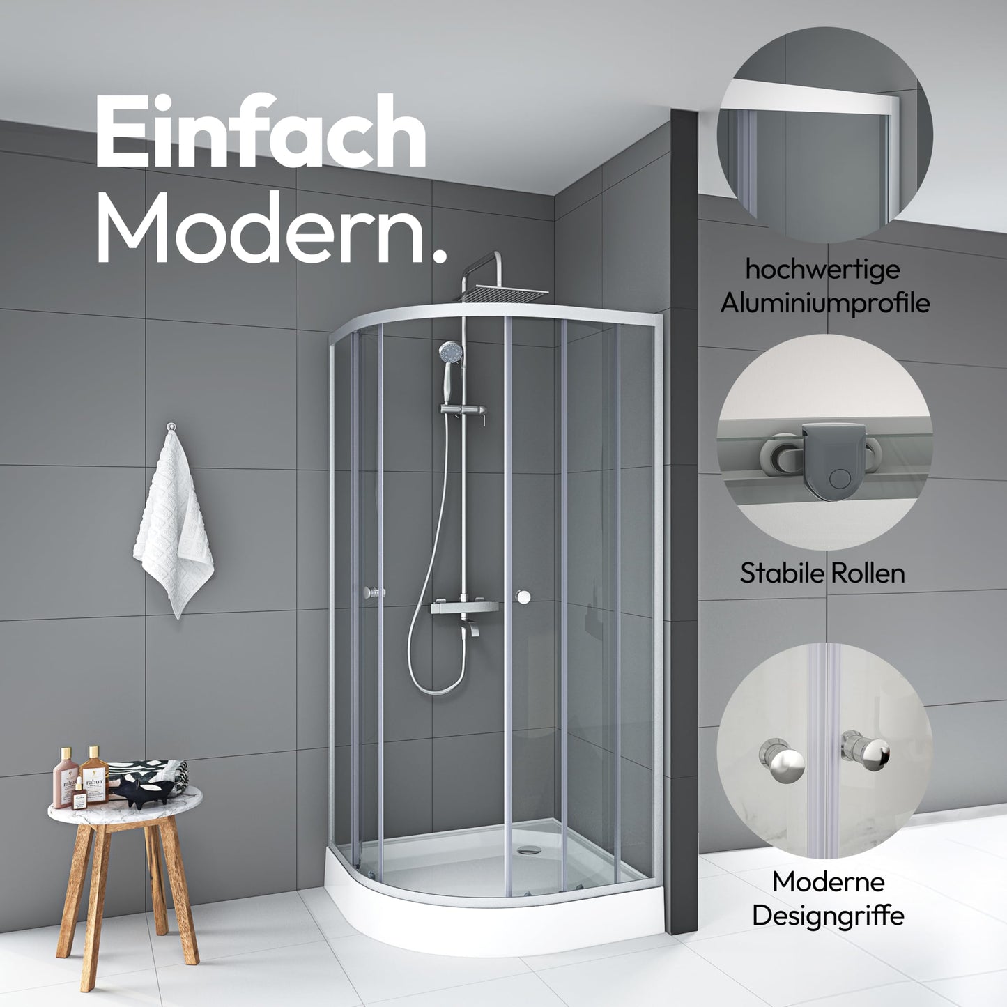 MARWELL Shower Cubicle Crystal Round Shower Complete Set Radius 55 cm and 4 mm Thick Tempered Safety Glass, Glass Shower with Aluminium Profiles in Silver Satin Matt