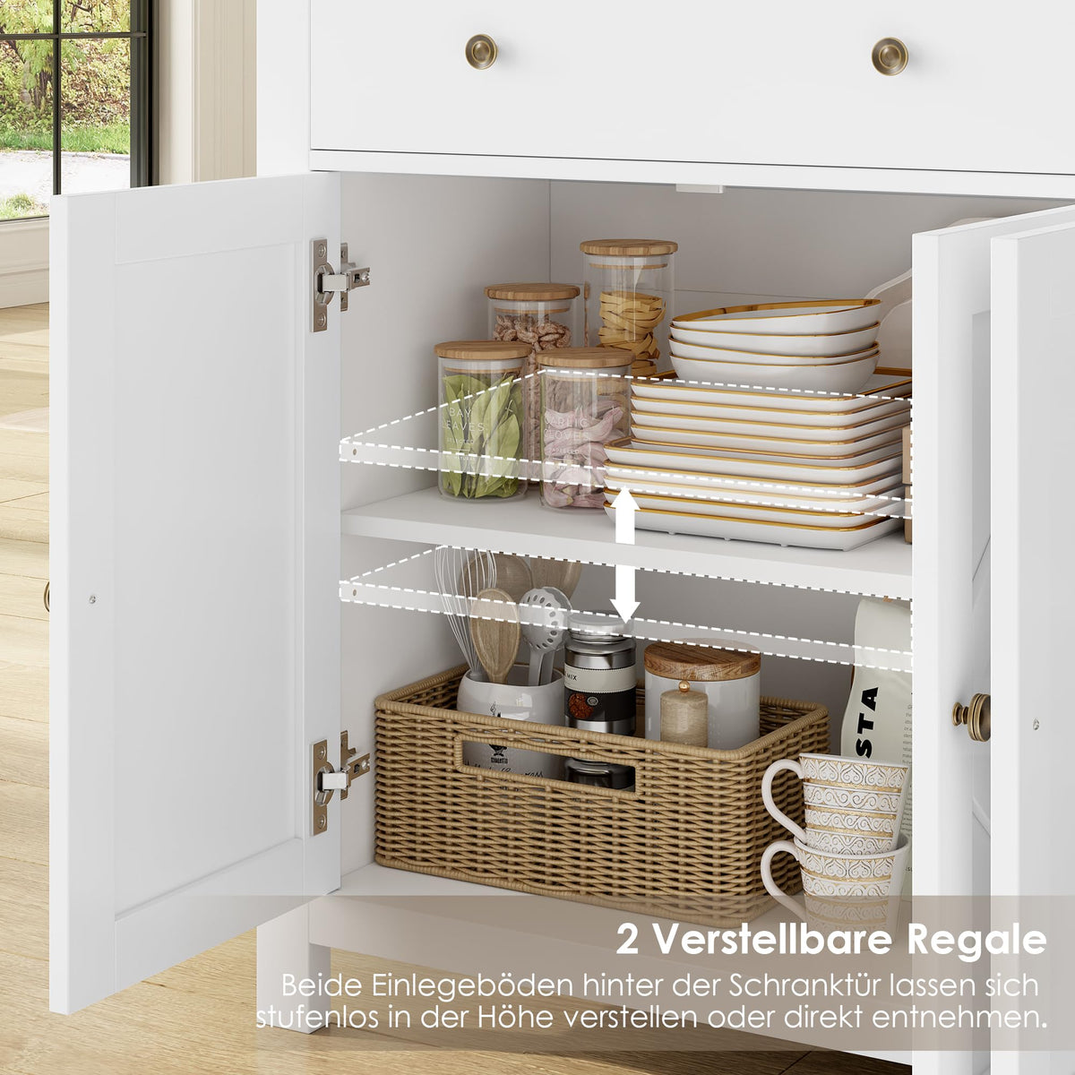 FirFurd Sideboard 140 cm Wide Kitchen Cabinet with Worktop Buffet Cabinet with 2 Drawers 4 Doors Kitchen Buffet with Adjustable Shelves for Living Room Kitchen Dining Room 140 x 40 x 89 cm White