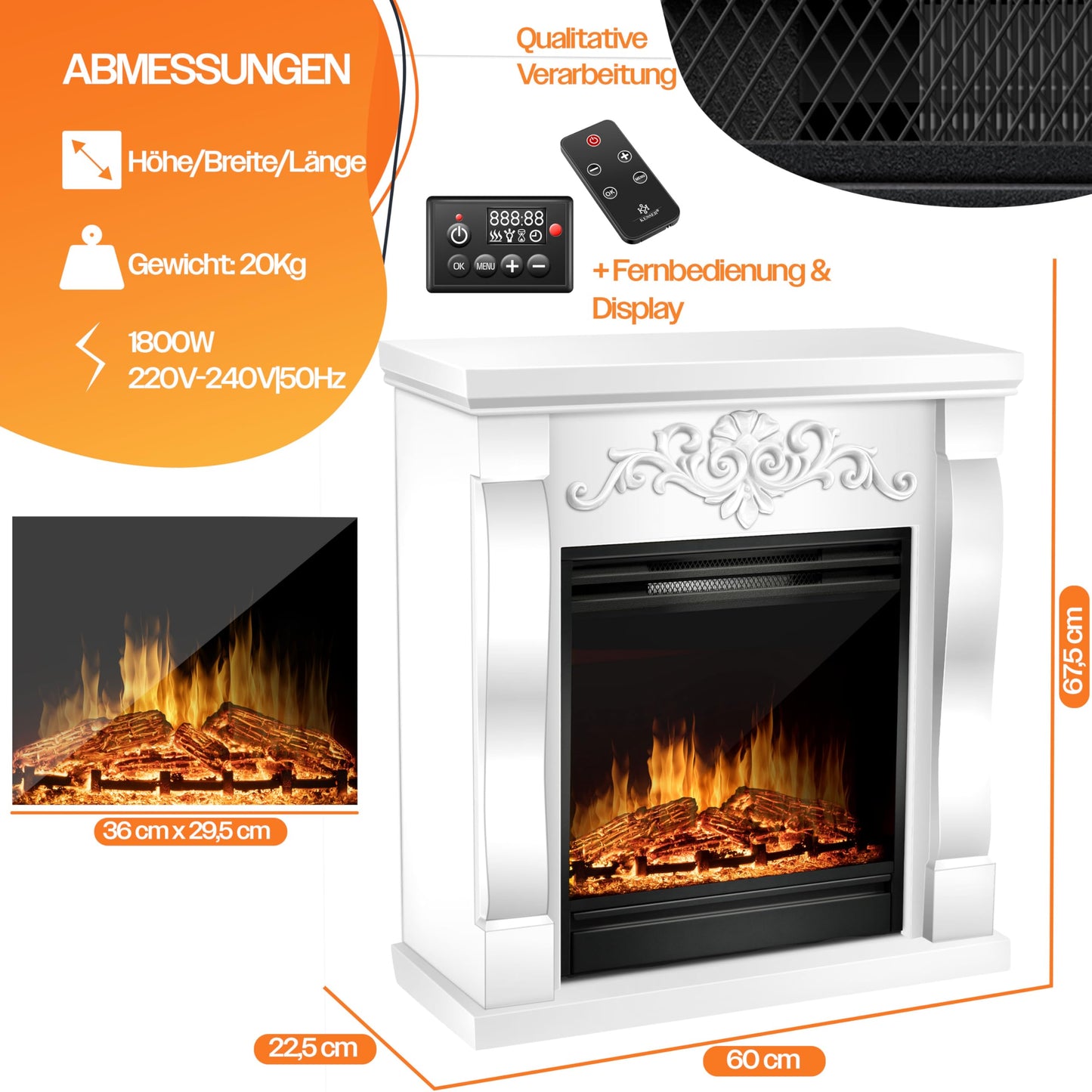 KESSER® Electric Fireplace with LED 3D Flame Effect, Heating Function, 1,800 W Power, Timer, Thermostat, Remote Control, Dimmable, Natural/Brown