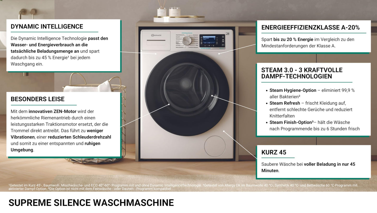 Bauknecht B6R 88 Silence DE Washing Machine, 8 kg, Front Loader, Supreme Silence, Energy Efficiency A-20%, 1400 rpm, ZEN Motor, Particularly Quiet Washing Machine, Steam 3.0-3, Powerful Steam