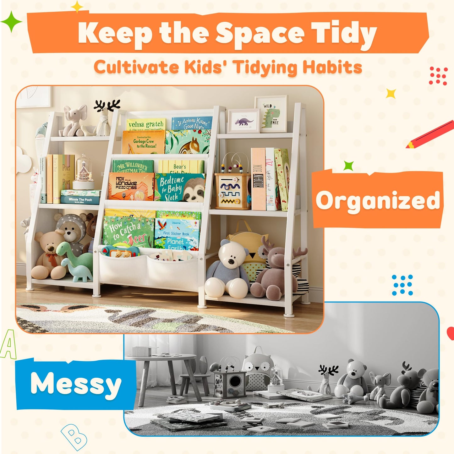Children's Bookcase Children's Room Toy Shelves: Open Storage Shelf with 6 Compartments - Toddler Display Books Furniture, Nursery, Playroom