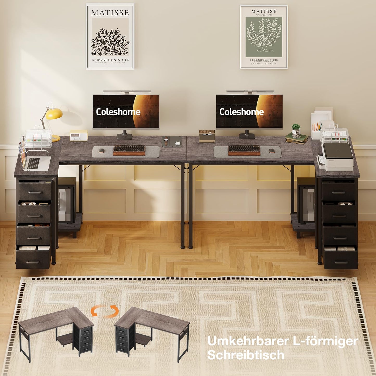 Coleshome Corner Desk, 100 x 70 cm, L Shape Desk with 4 Drawers, Reversible Computer Desk for Office, Study, Bedroom, White