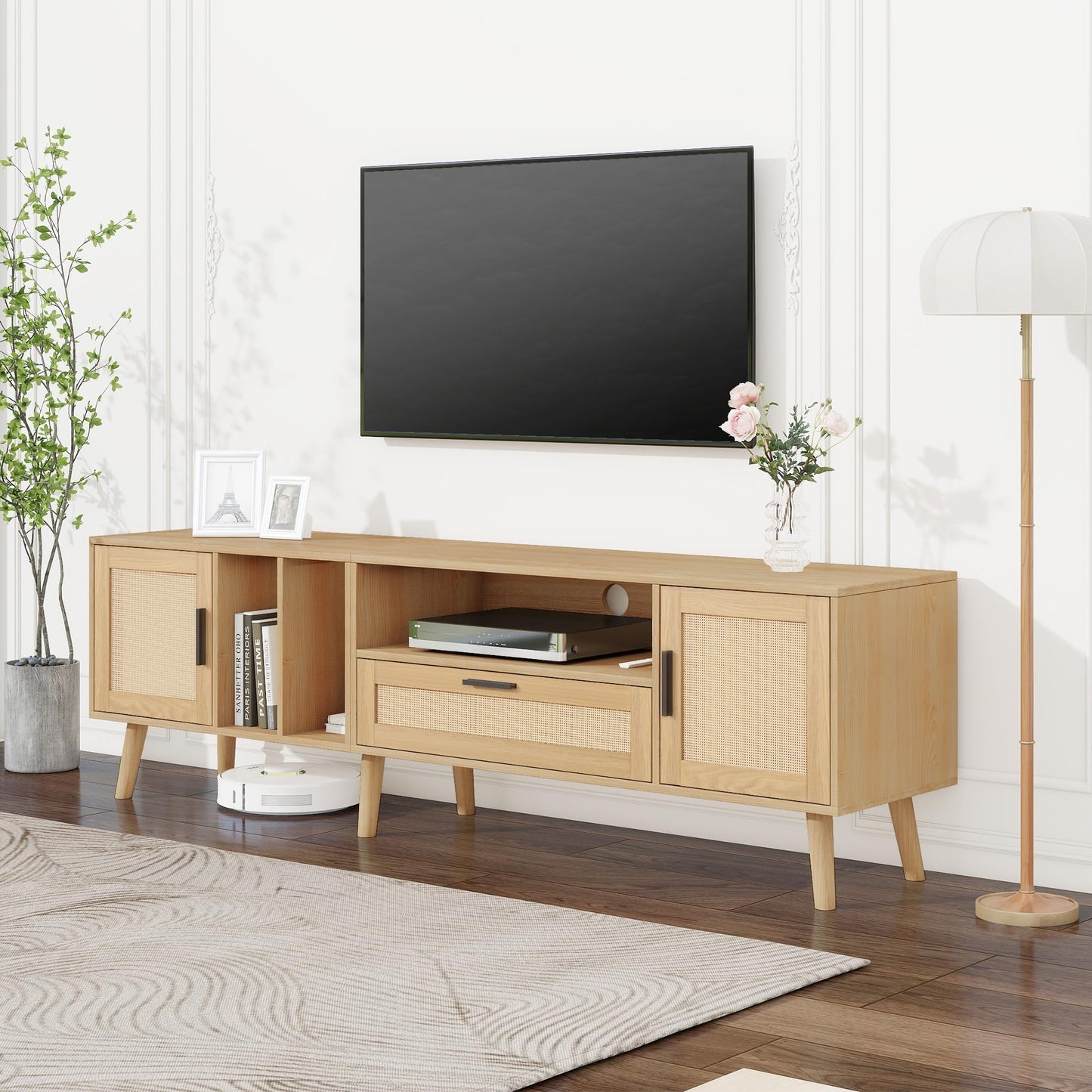 170 cm TV Cabinet with Textured Doors, TV Board with 4 Drawers, TV Cabinet with Oven Compartments, TV Cabinet for Living Room, TV Lowboard, Golden Handles and Feet, White
