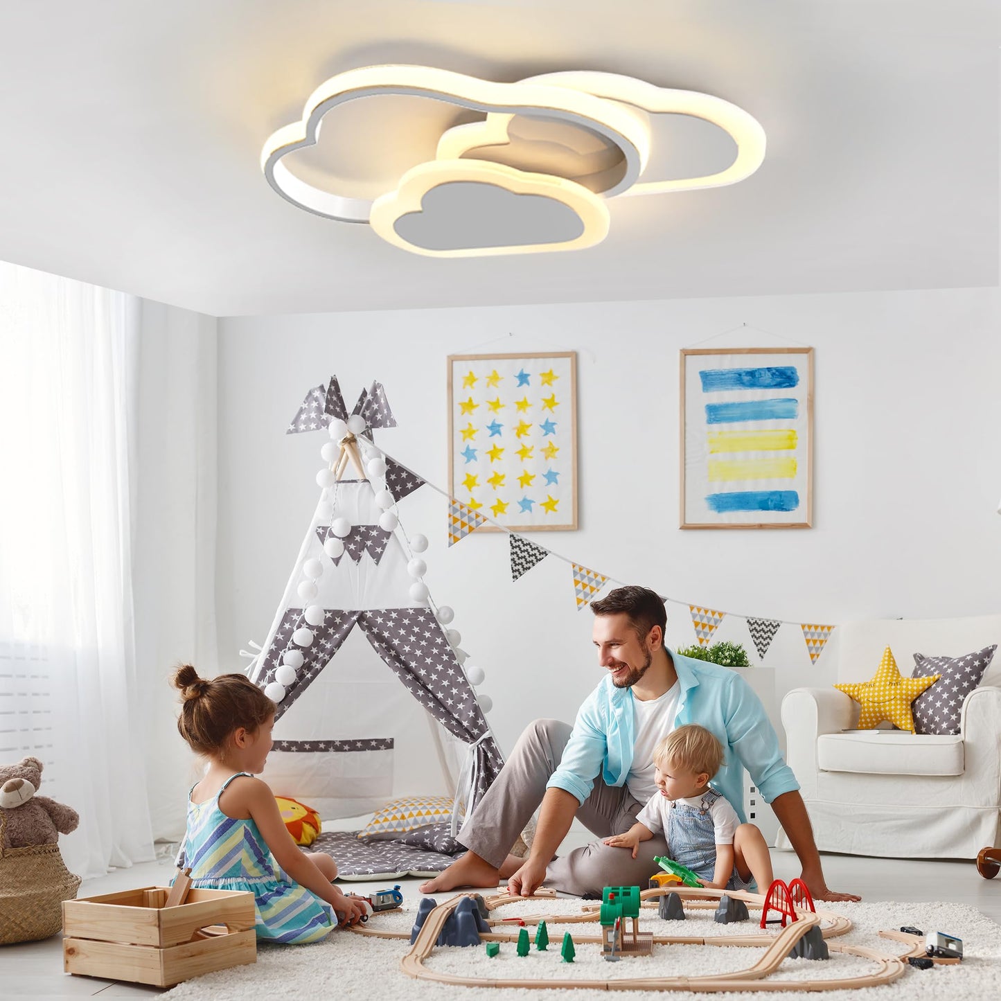 34 cm LED Ceiling Light Bedroom Wooden Children's Room Lamp Ceiling Star Children's Lamp Dimmable Ceiling Lamp for Children Lamp with Remote Control