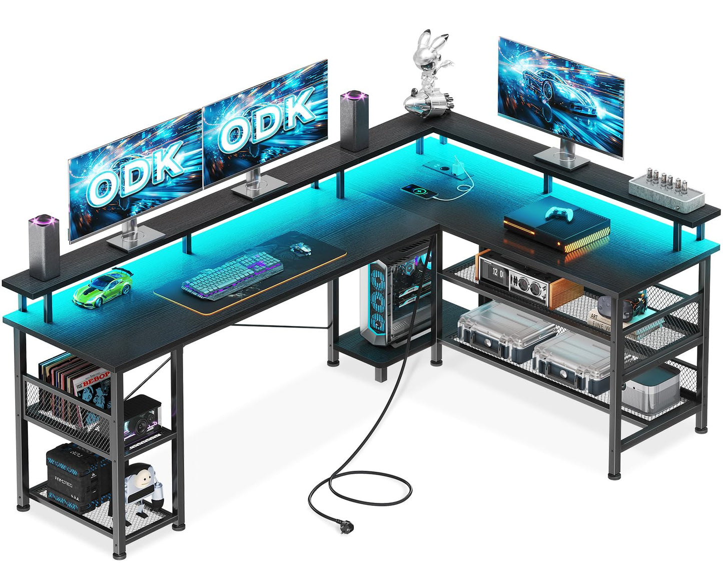 ODK Gaming Table with LED, Reversible Gaming Desk with 2 Sockets and 2 USB Charging Ports, Large Corner Desk with Mesh Shelf, Carbon Fibre Black, 168 x 120 cm